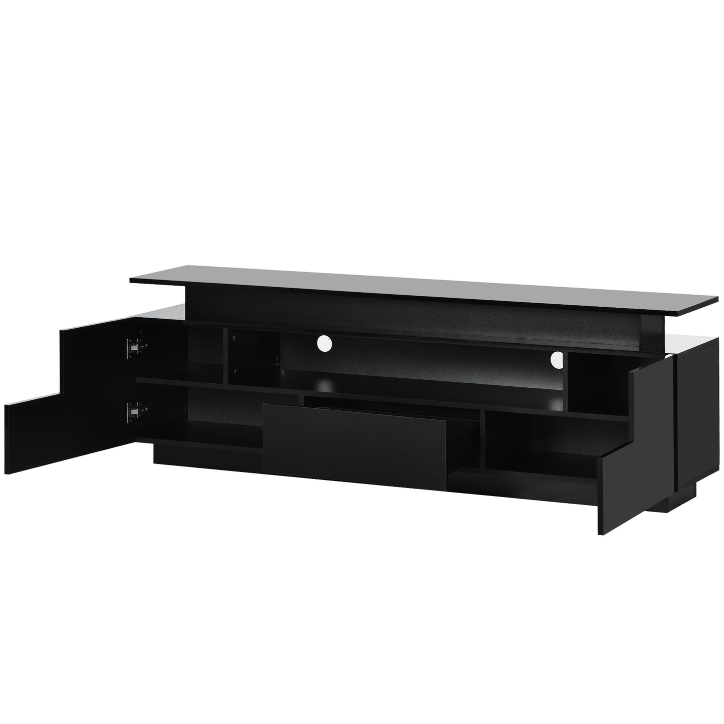 Sleek Entertainment Center with Color Changing LED Lights for 75+ inch TV, Black High Gloss TV Cabinet