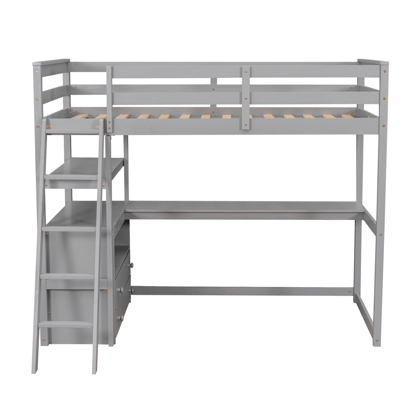 Twin Size Loft Bed with Desk and Shelves, Two Built-in Drawers, Gray(:GX000803AAE-1)