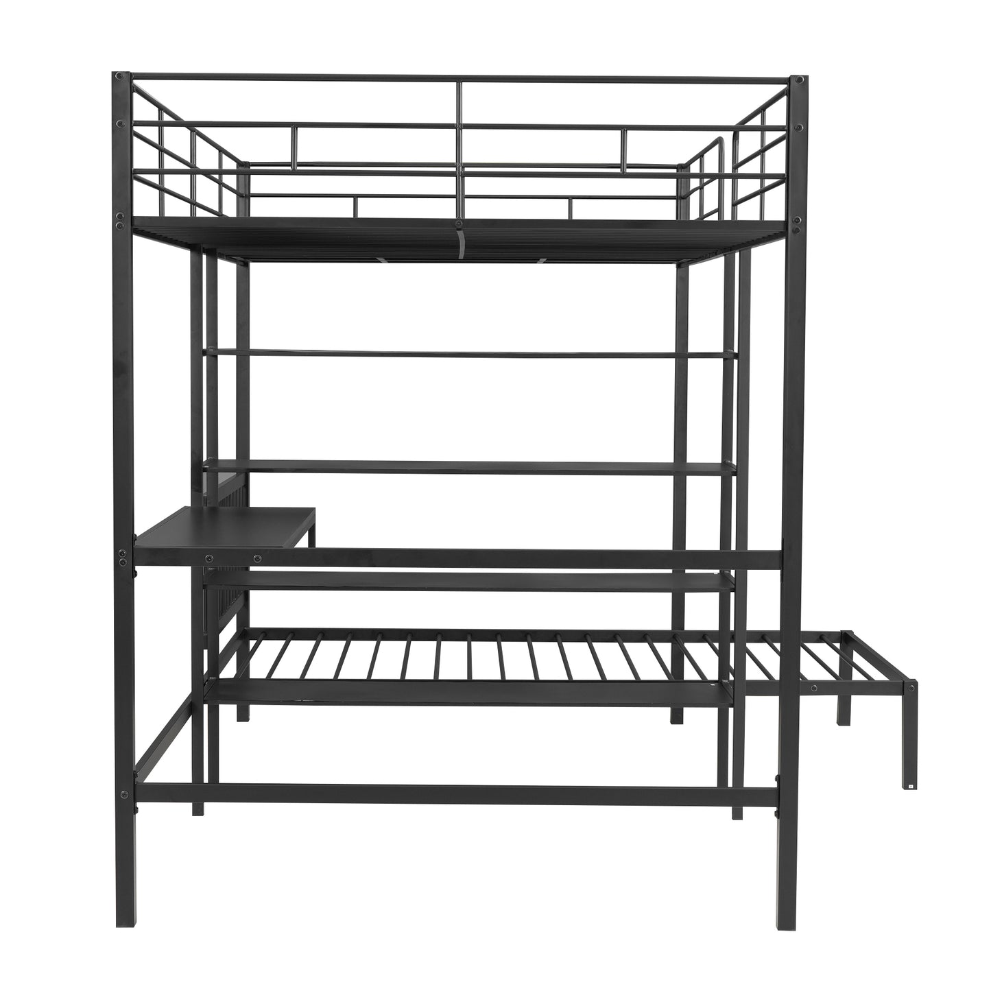 Black Metal Bunk Bed with Desk, Shelves, and Ladder