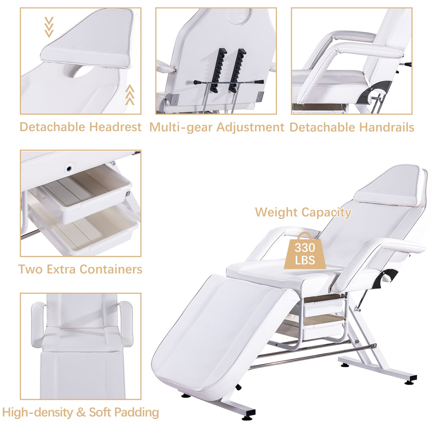 Massage Salon Tattoo Chair  with Two Trays Esthetician Bed with Hydraulic Stool,Multi-Purpose 3-Section Facial Bed Table, Adjustable Beauty Barber Spa Beauty Equipment, White