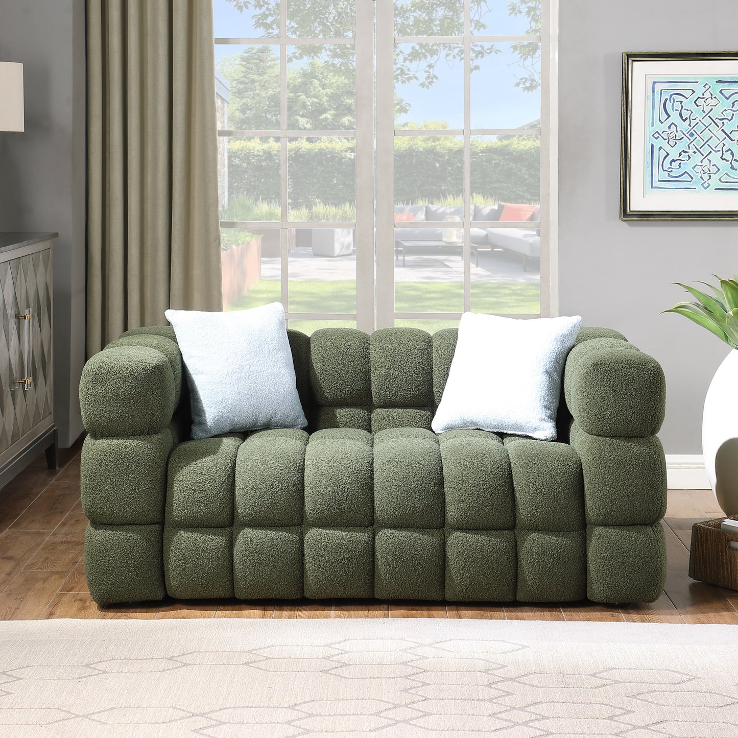 Olive Green Boucle 3-Seater Sofa with Plush Multi-Density Foam