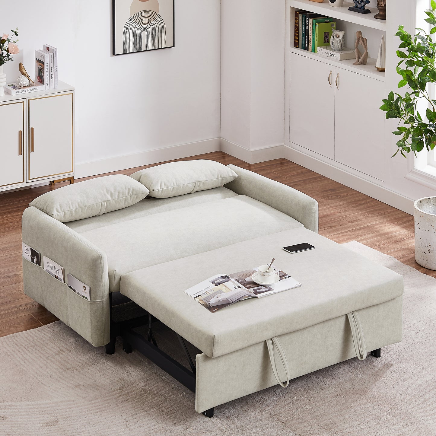 Adjustable Pull Out Sleep Sofa Bed Loveseat Couch with Storage Pockets, USB Ports, Beige