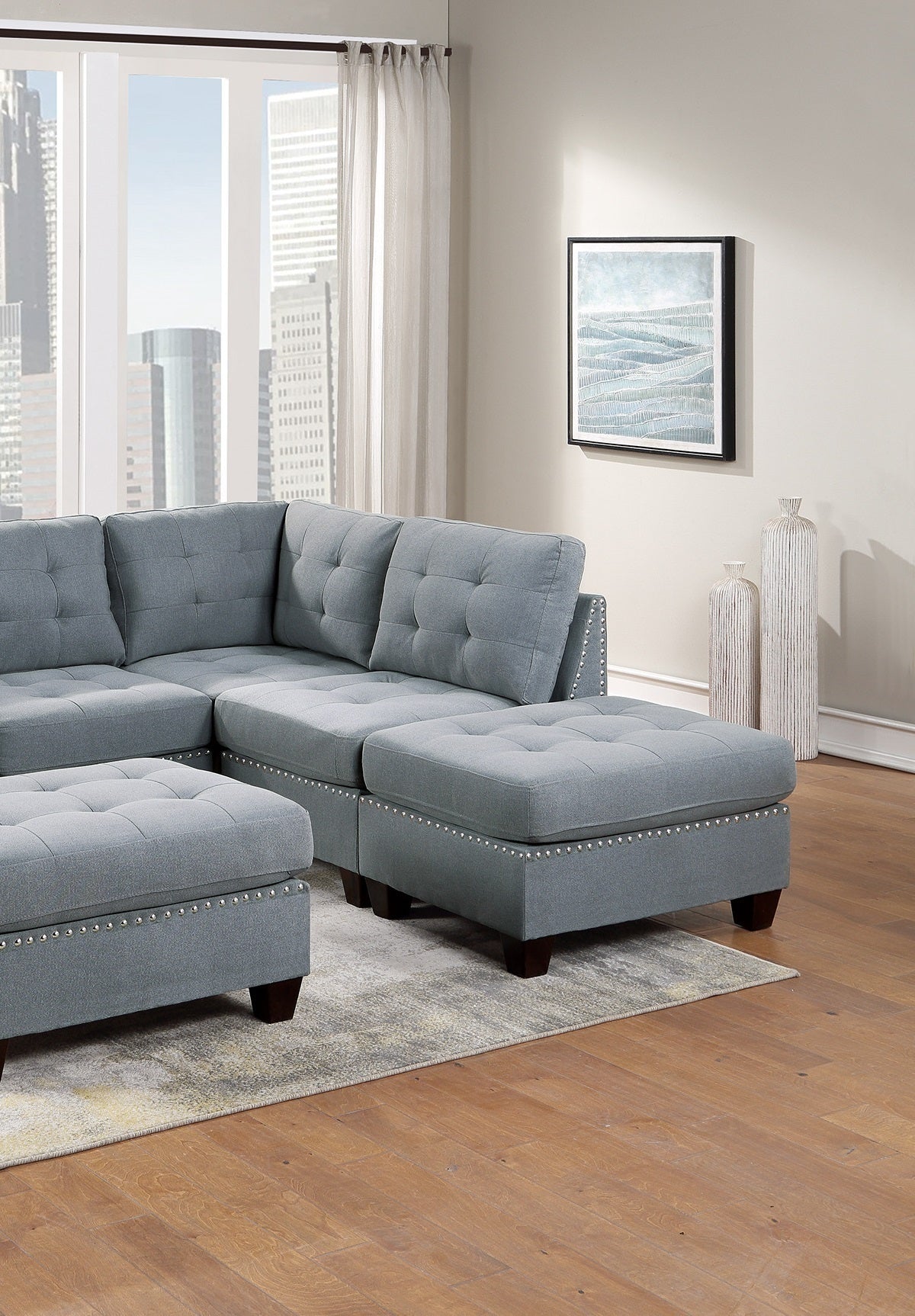 Elegant Gray Linen Modular Sectional Set with Tufted Nail heads and Plush Comfort