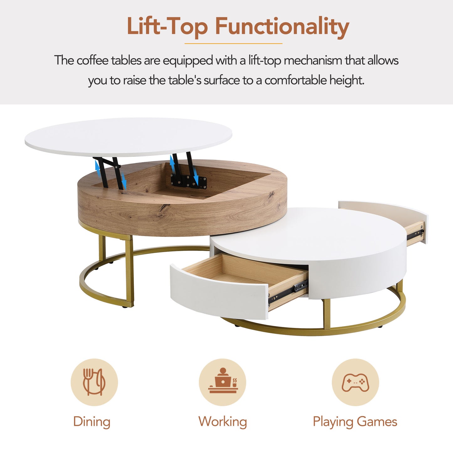 Elegant Lift-Top Coffee Tables Set with Drawers - White & Natural