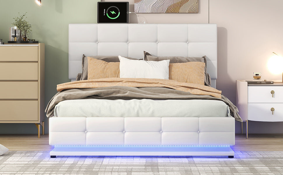 Full Size Tufted Upholstered Platform Bed with Hydraulic Storage System,PU Storage Bed with LED Lights and USB charger, White(Expected Arrival Time: 5.15,AT)