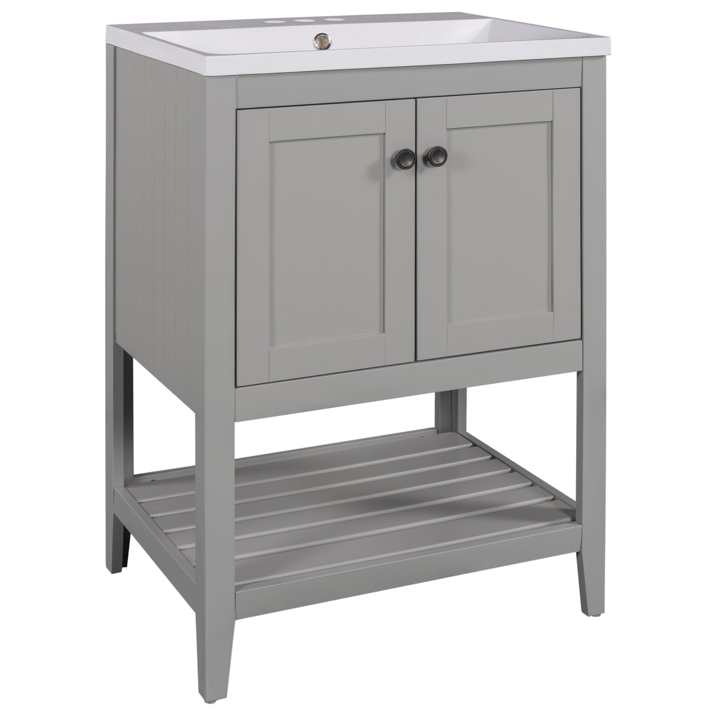 24" Grey Modern Sleek Bathroom Vanity Elegant Ceramic Sink with Solid Wood Frame Open Style Shelf