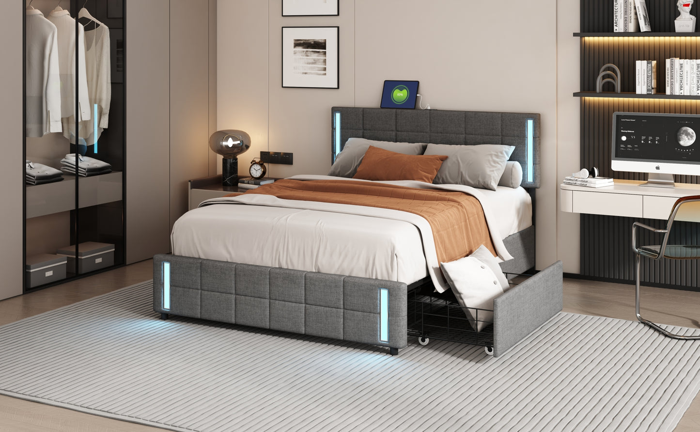 Queen Size Upholstered Platform Bed with LED Lights and USB Charging, Storage Bed with 4 Drawers, Gray(Linen)