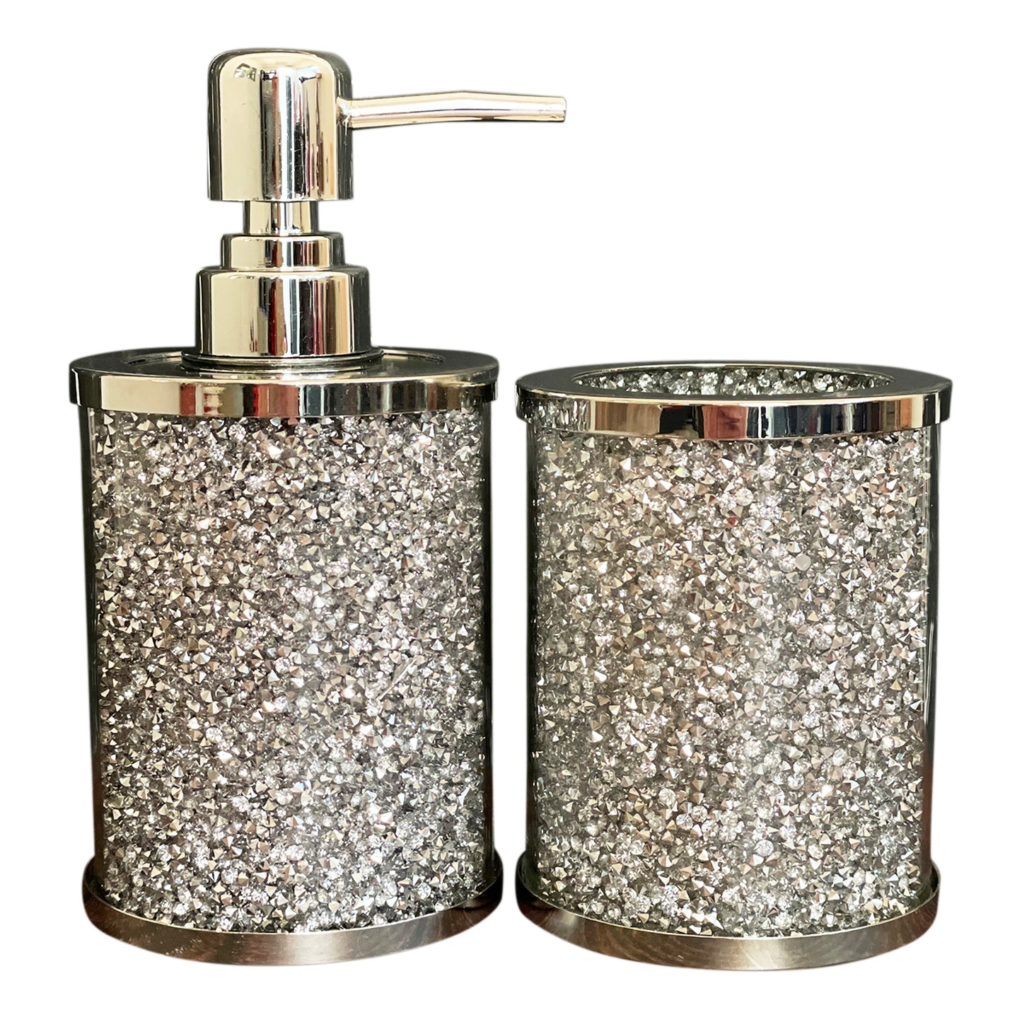 Exquisite Silver Glass Bath Set with Soap Dispenser and Toothbrush Holder