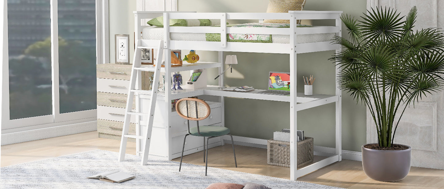 Twin Size Loft Bed with Desk and Shelves, Two Built-in Drawers, White (: GX000803AAK-1)