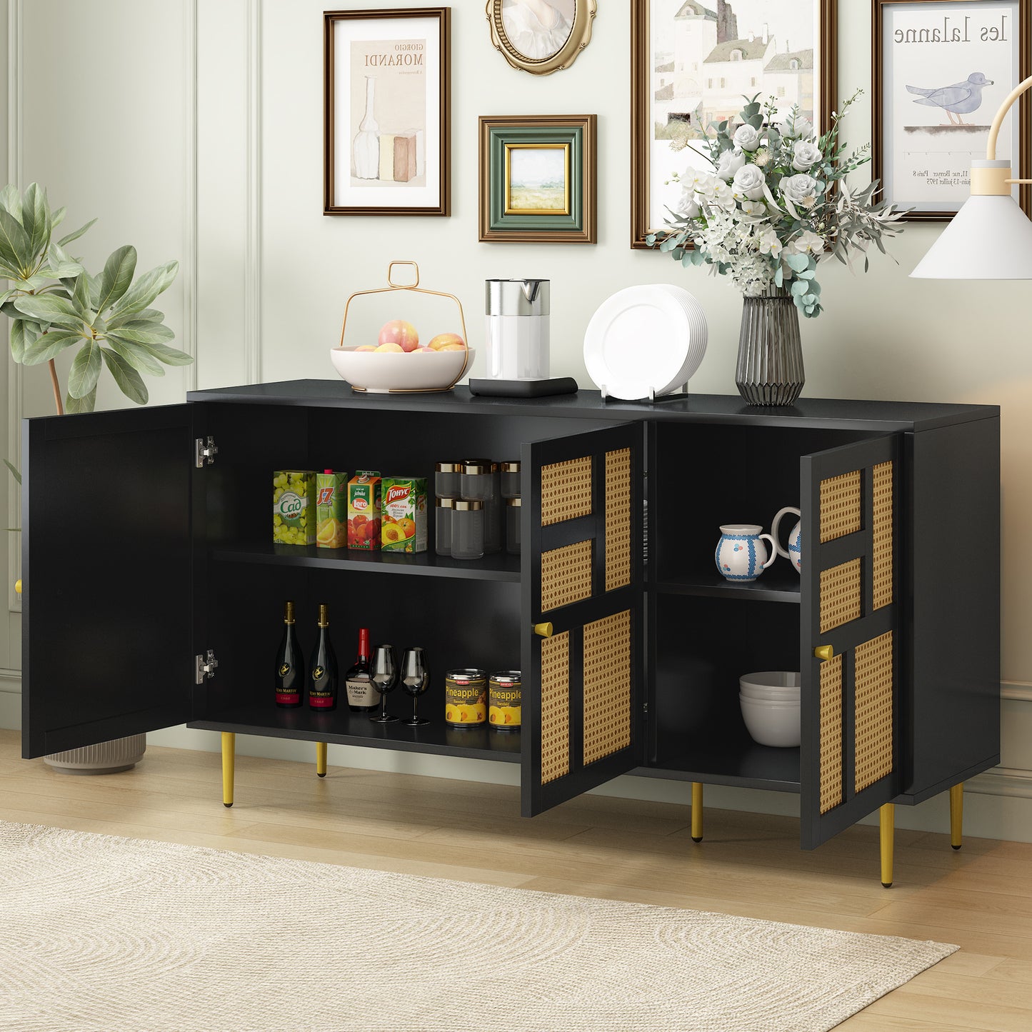 Modern Entertainment Console Table with Rattan Doors for TVs up to 55