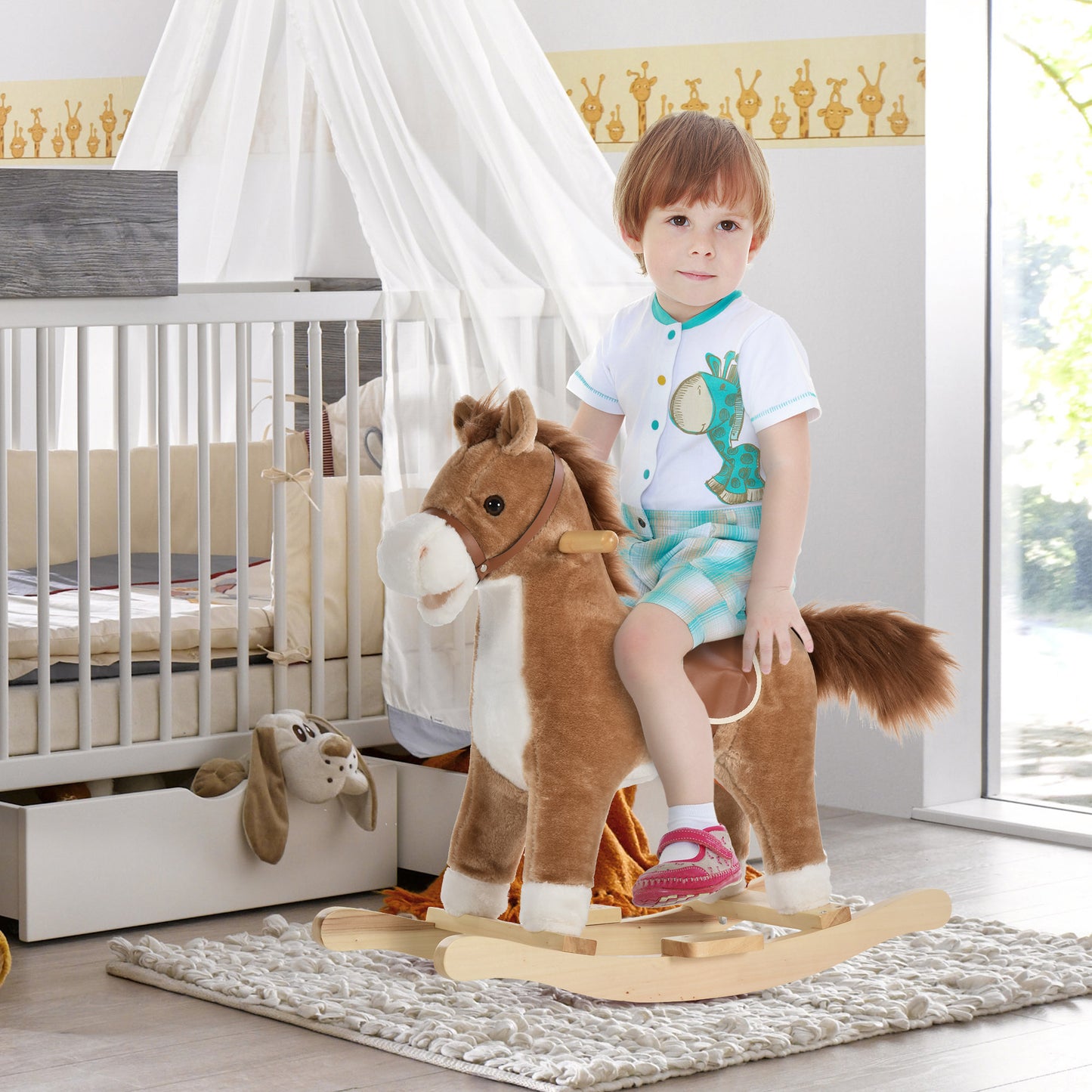 Brown Plush Interactive Rocking Horse for Babies with Sound and Motion