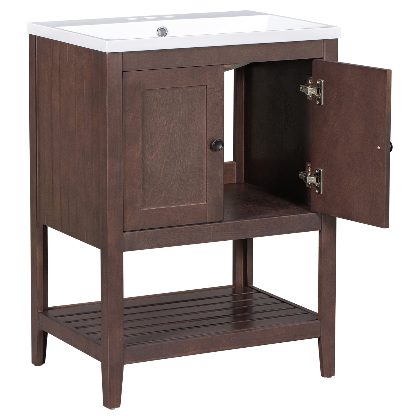 24" Brown Modern Sleek Bathroom Vanity Elegant Ceramic Sink with Solid Wood Frame Open Style Shelf