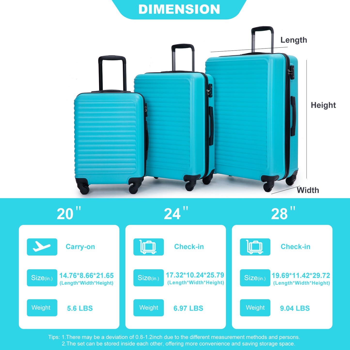 3 Piece Luggage Sets ABS Lightweight Suitcase with Two Hooks, Spinner Wheels, TSA Lock, (20/24/28) Turquoise