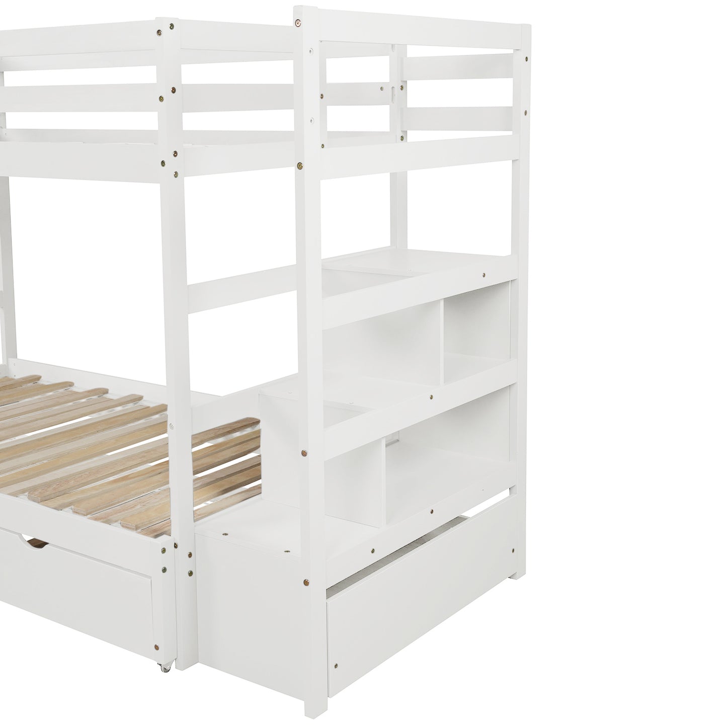 Convertible Storage Bunk Bed with Trundle, Stairs, and Versatile Design (White)