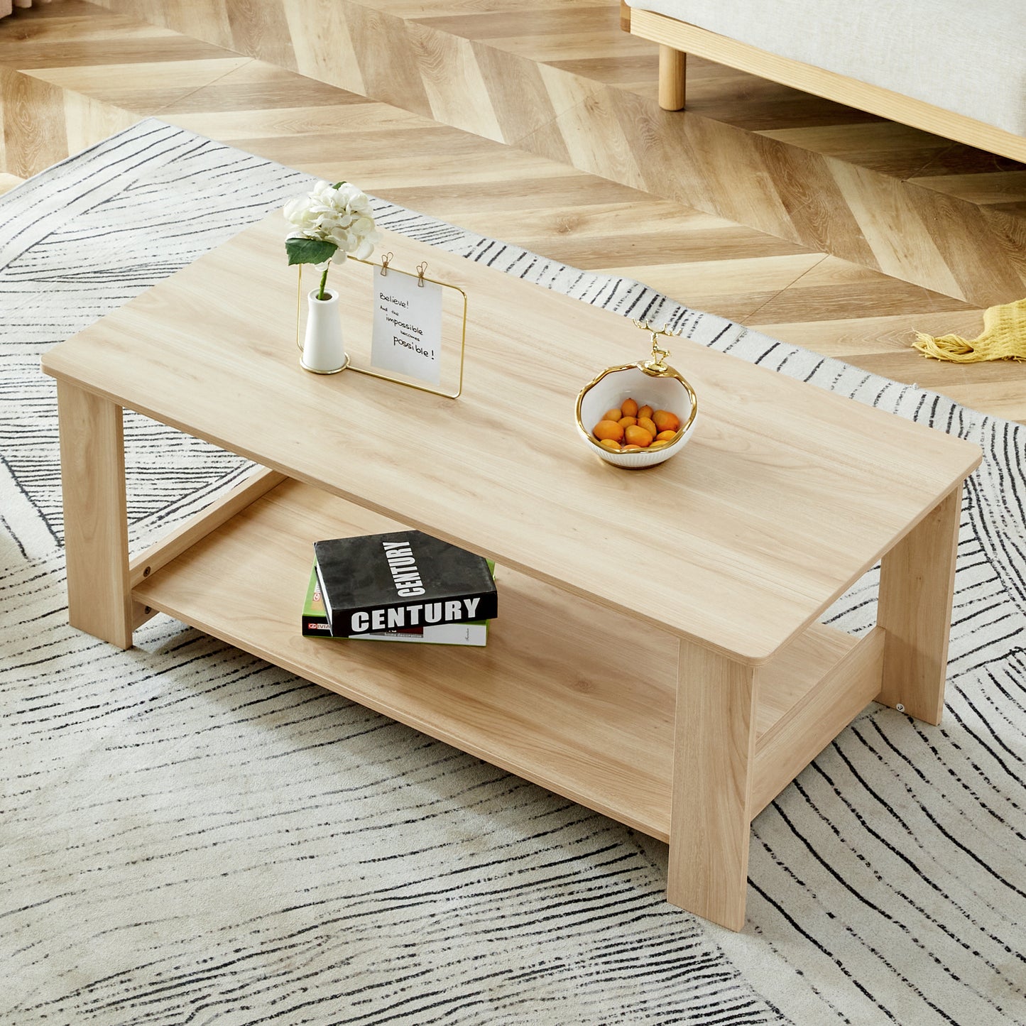 Modern Dual-Layer Log Textured Coffee Table with MDF Material