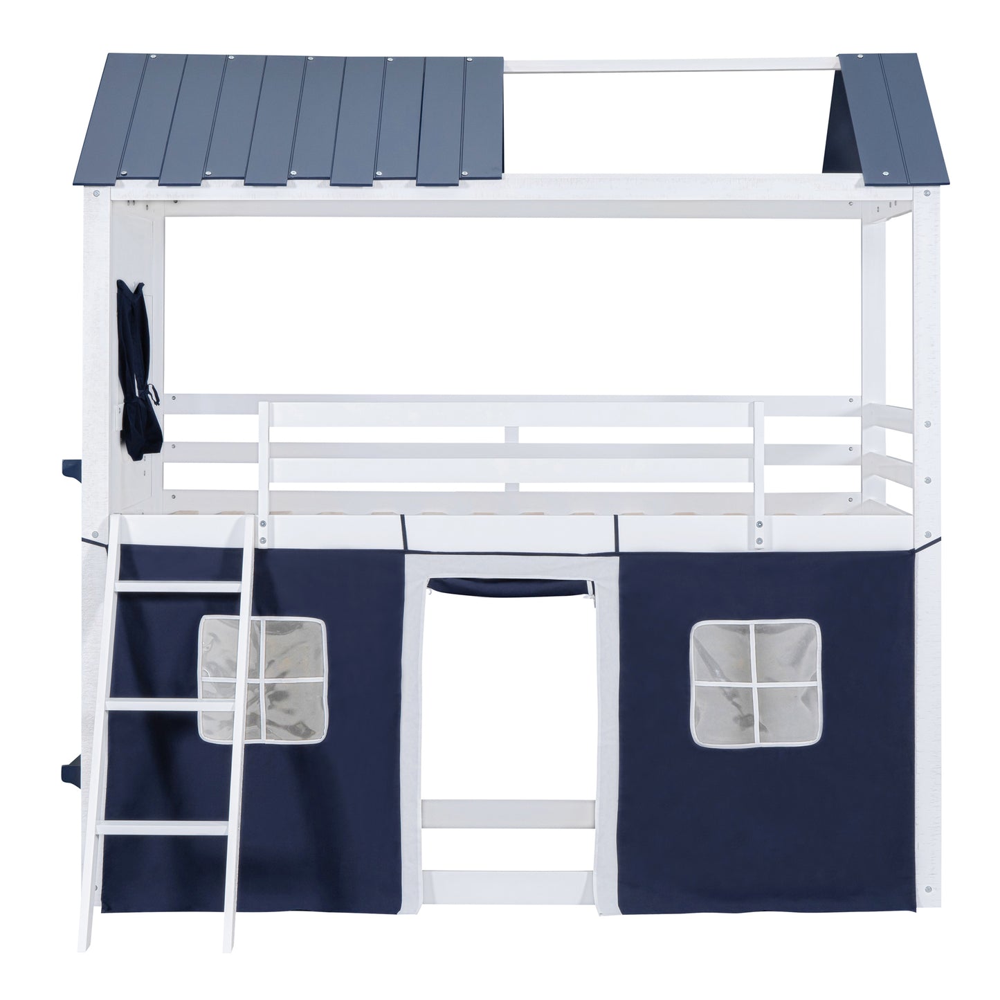 Twin Size Bunk Wood House Bed with Elegant Windows, Sills and Tent,  Blue+White