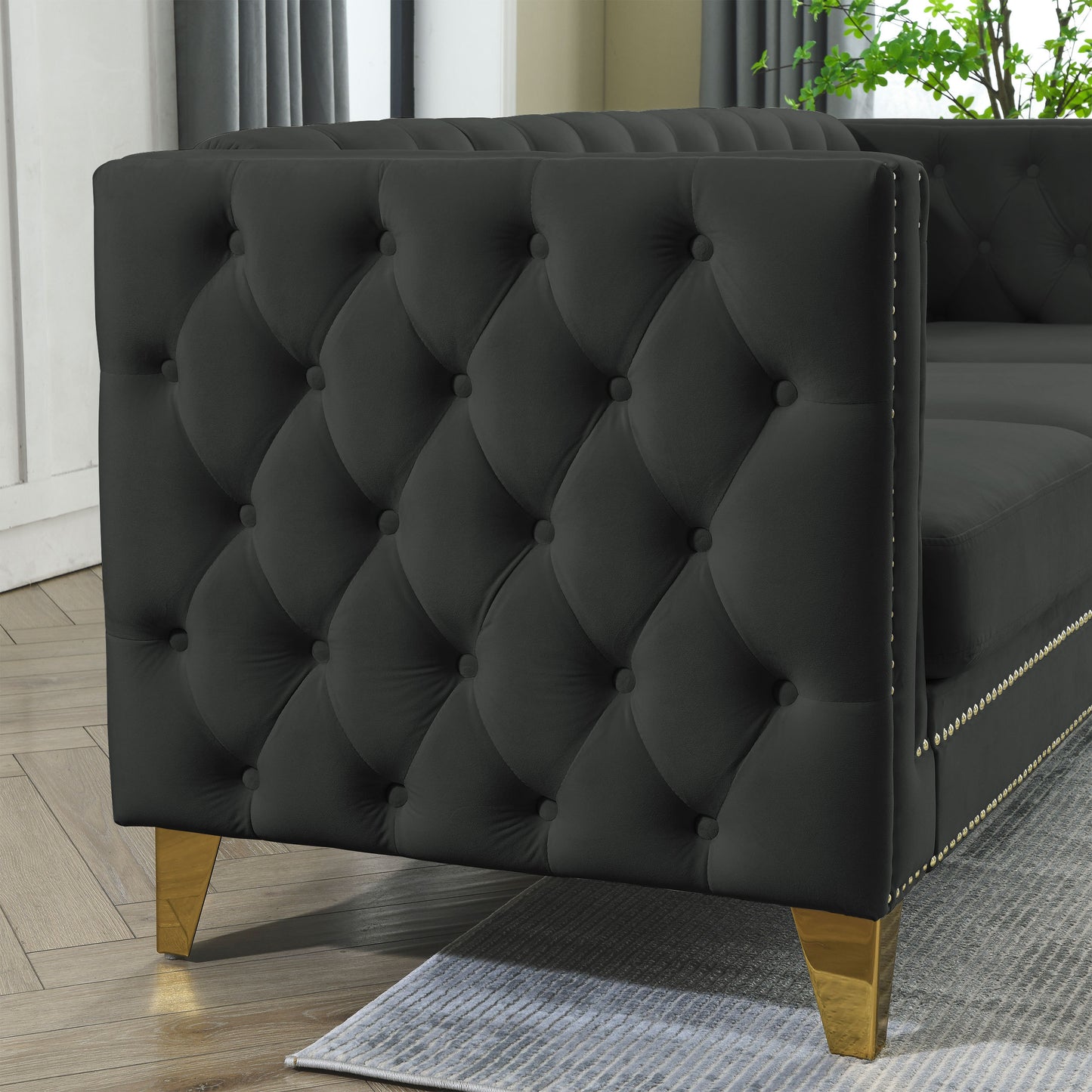 Velvet Sofa for Living Room,Buttons Tufted Square Arm Couch, Modern Couch Upholstered Button and Metal Legs, Sofa Couch for Bedroom, Black Velvet ,2PCS