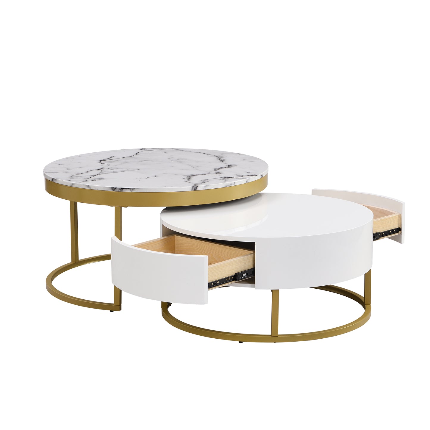 Contemporary White and Gold Nesting Coffee Table with Storage Drawers