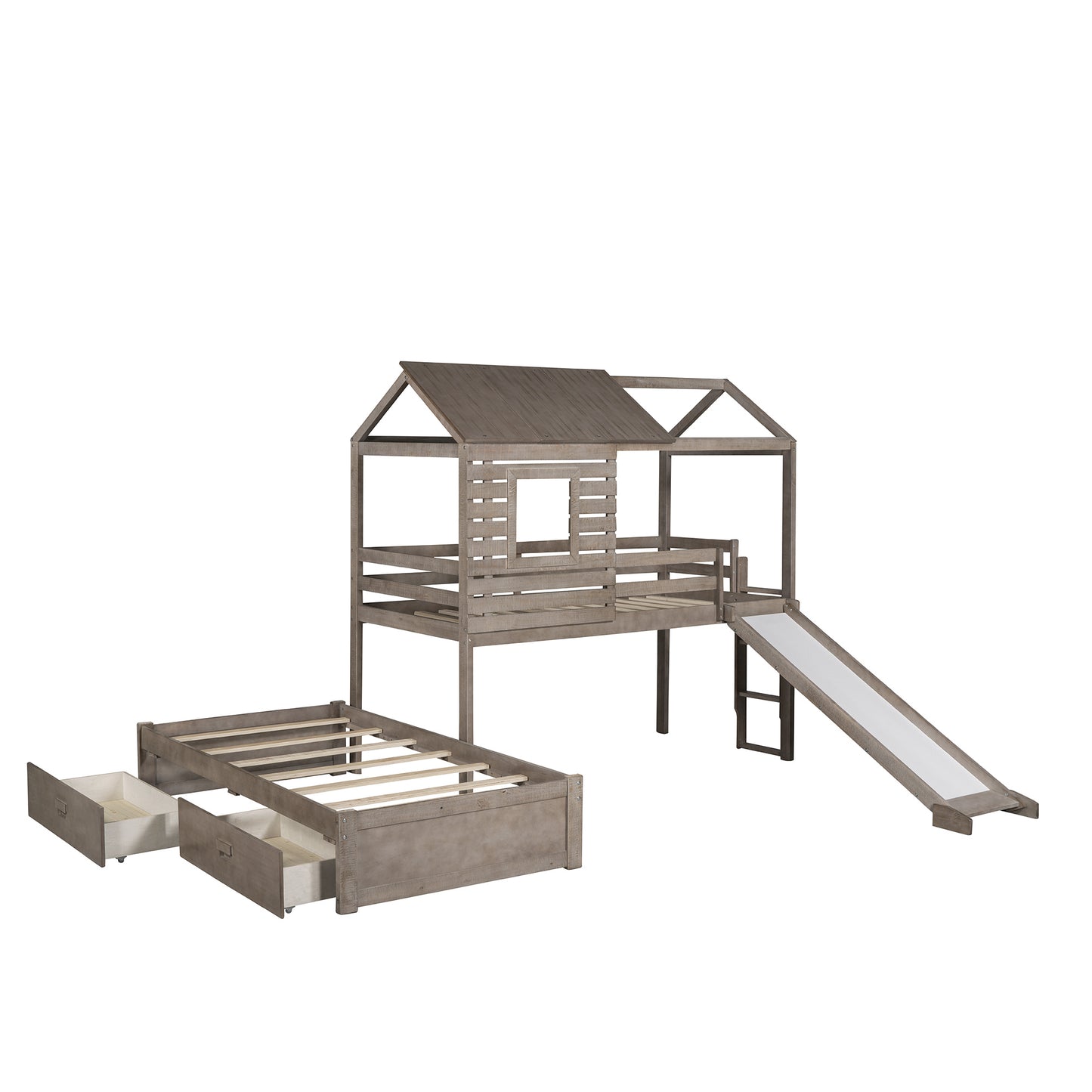 House-Shaped Twin Over Twin Bunk Bed with Slide, Storage Drawers, and Antique Gray Wood Finish