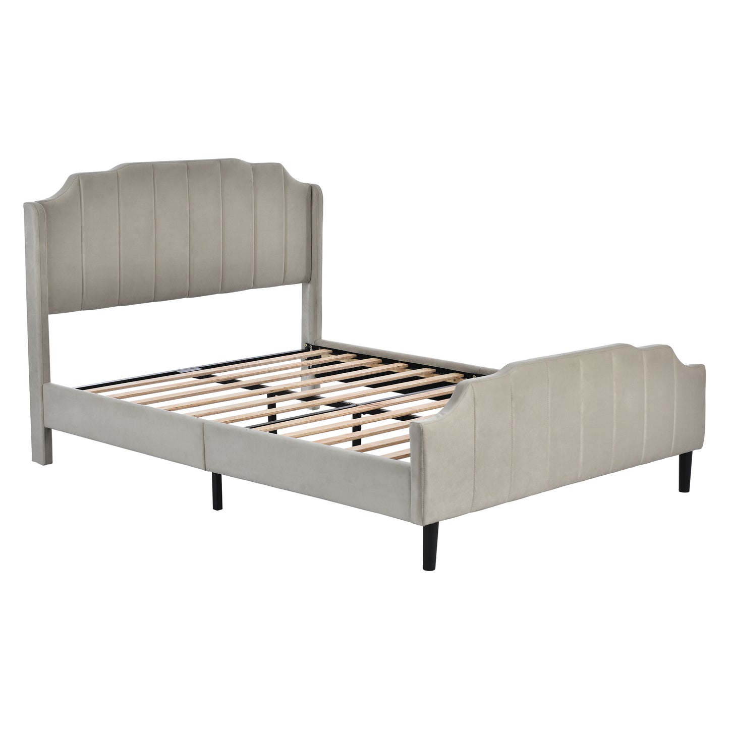 Queen Size Upholstered Platform Bed with Headboard and Footboard,No Box Spring Needed, Velvet Fabric,Gray