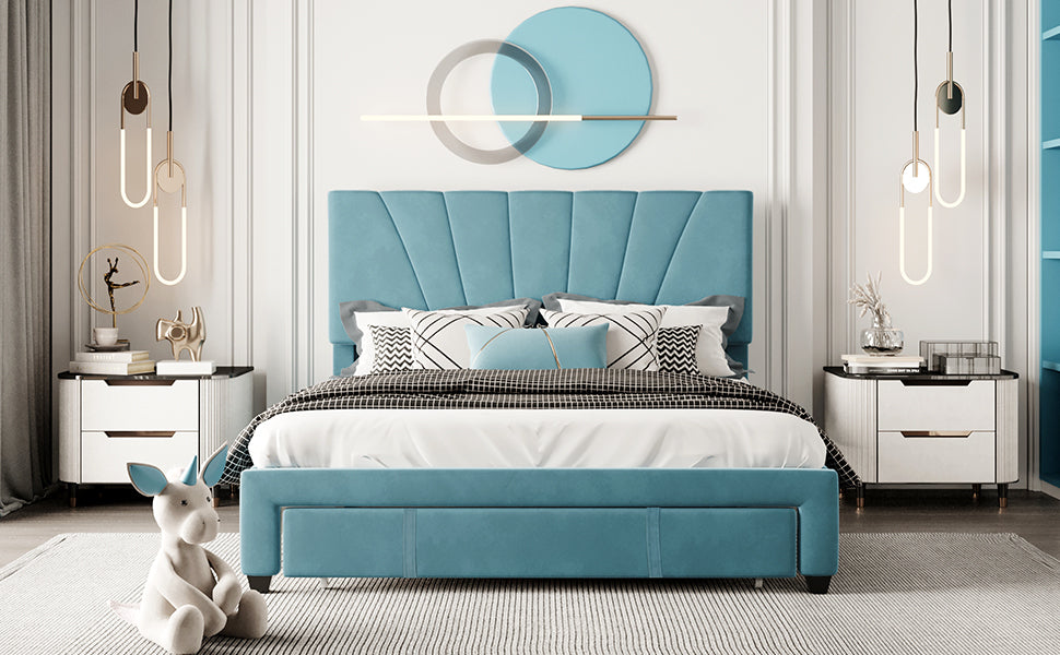Queen Size Storage Bed Velvet Upholstered Platform Bed with a Big Drawer - Blue