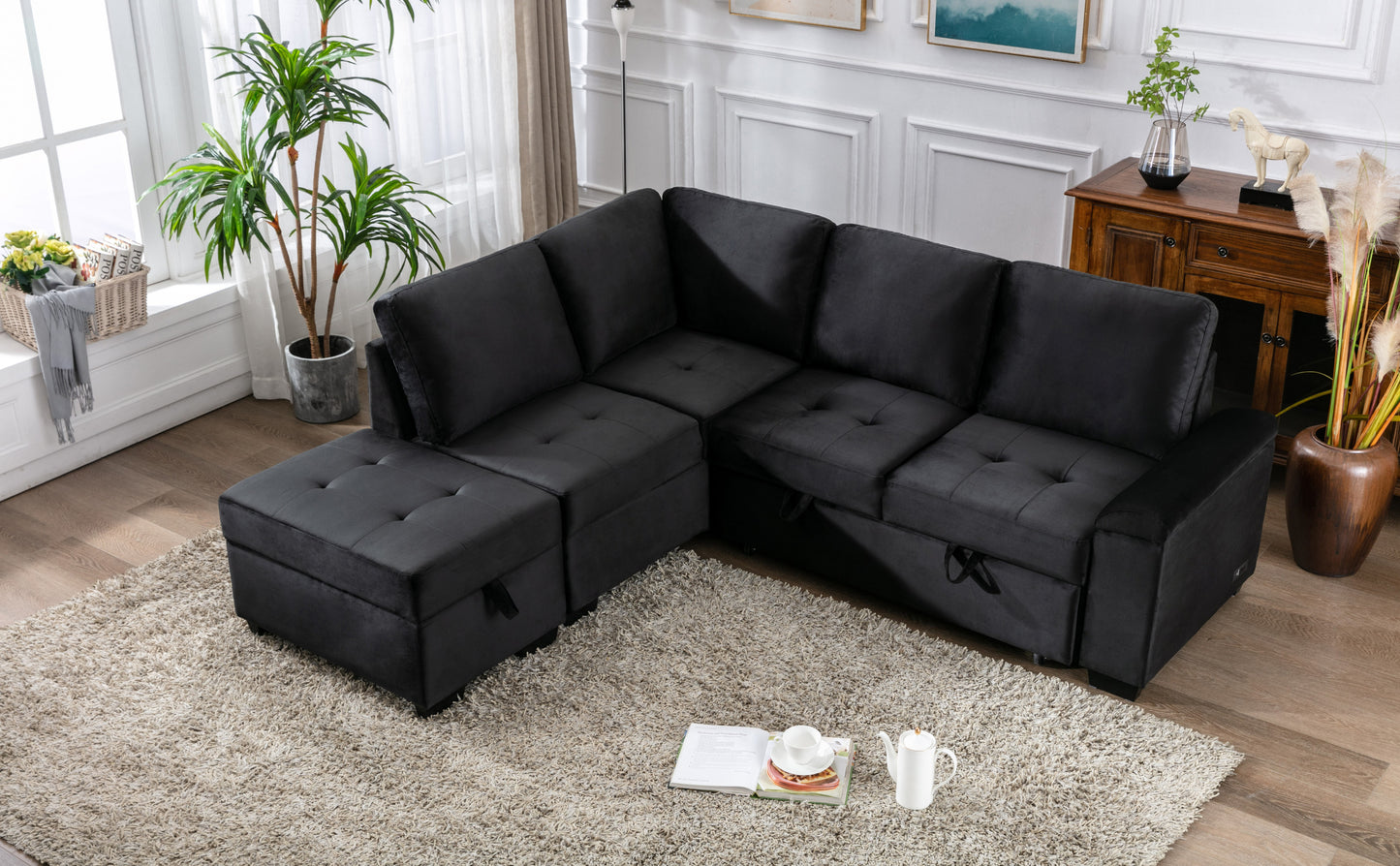 L-Shaped Sleeper Sectional Sofa with Storage Ottoman, USB Charge, and Hidden Arm Storage in Black Velvet