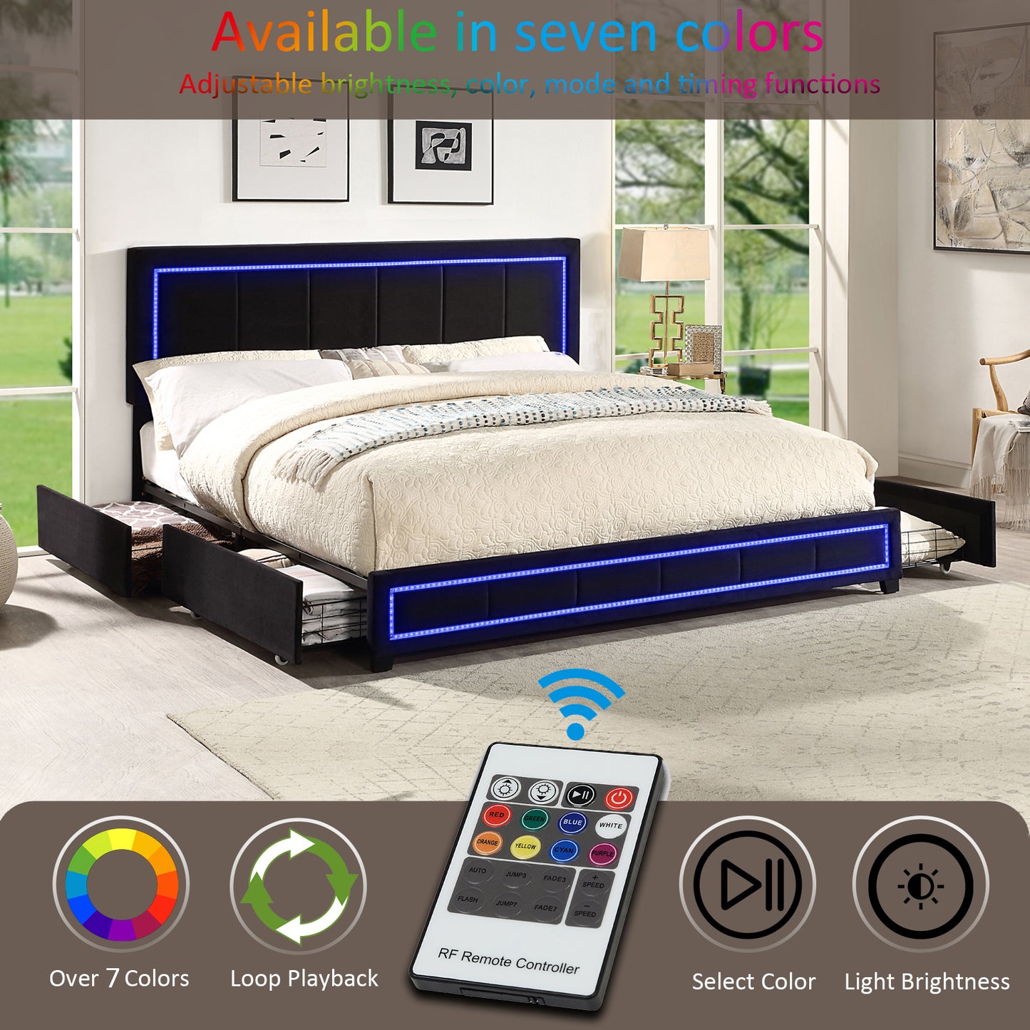 Upholstered Eastern King Size Platform Bed with LED Lights, Storage Bed with 4 Drawers, Black color fabric