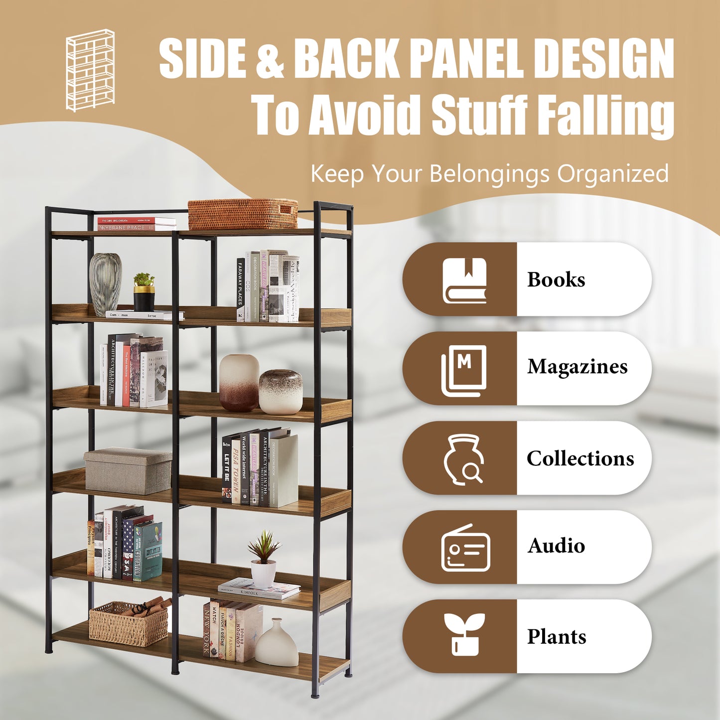 70.8 Inch Tall Bookshelf MDF Boards Stainless Steel Frame, 6-tier Shelves with Back&Side Panel, Adjustable Foot Pads, Brown