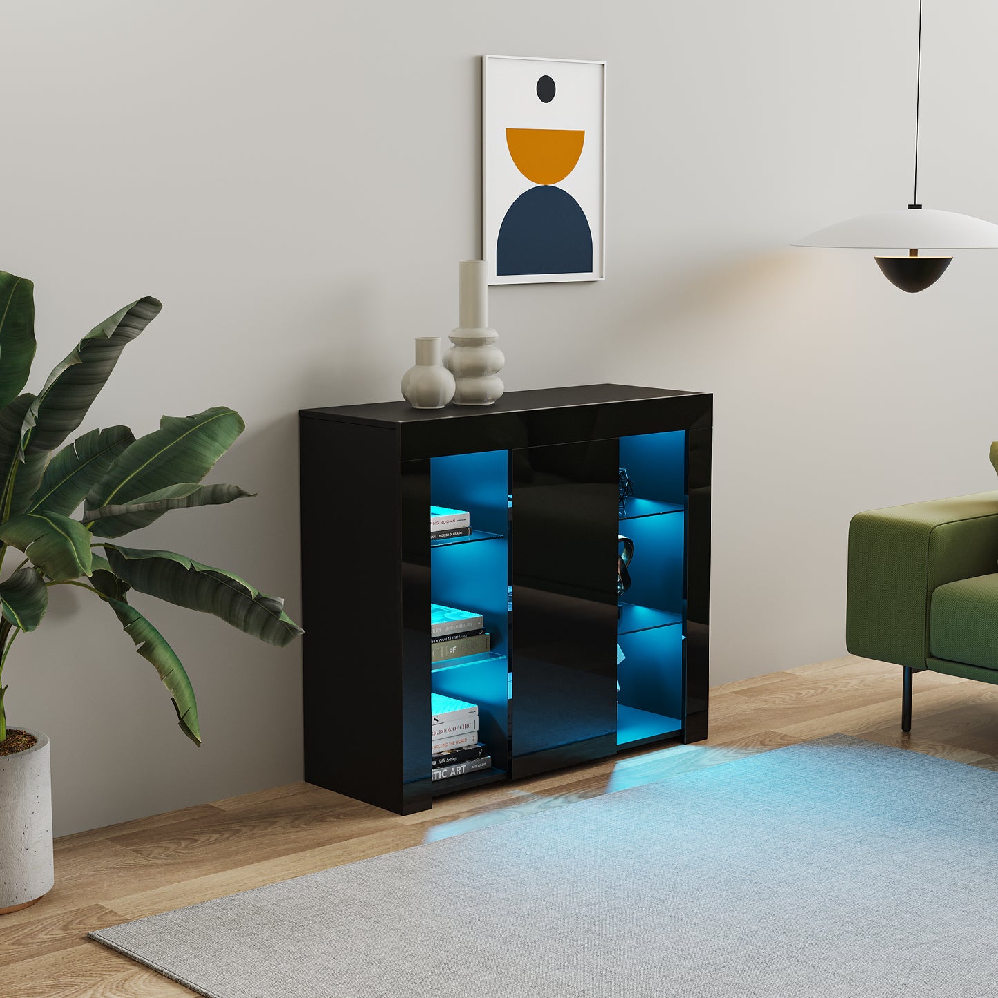 LED Lighted Black High Gloss Sideboard Storage Cabinet with Multifunctional Design