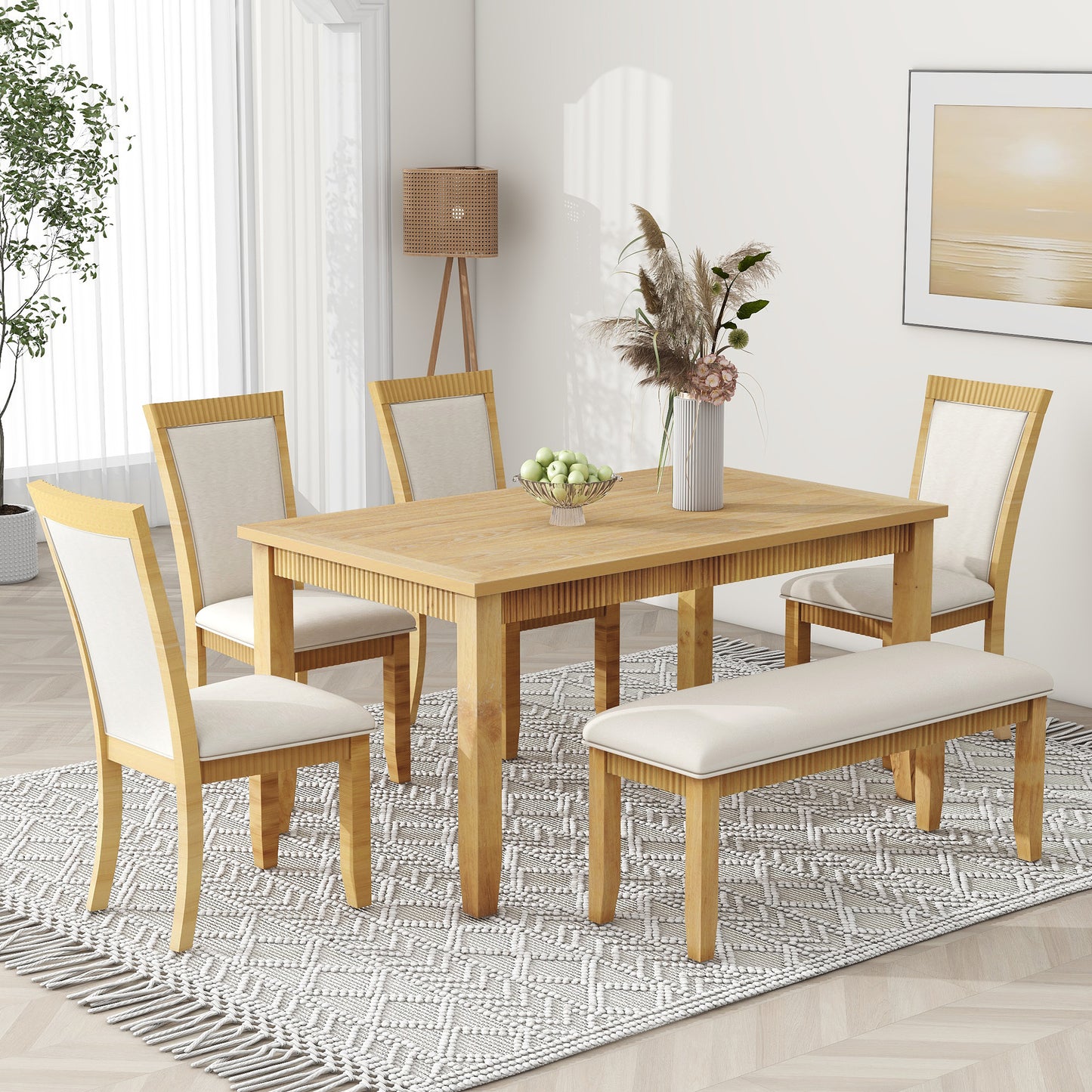 Rustic Solid Wood 6-piece Dining Table Set, PU Leather Upholstered Chairs and Bench, Natural Wood Wash