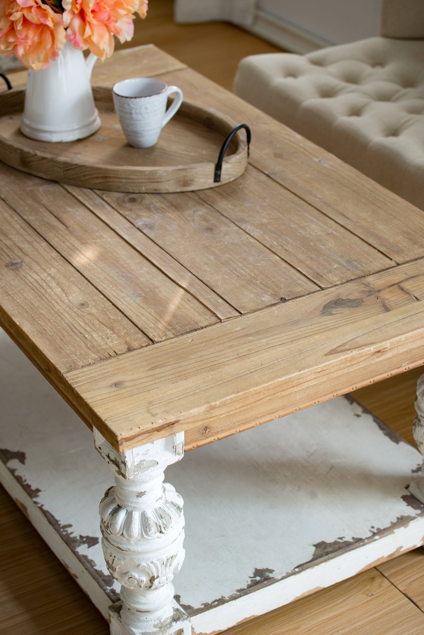 French Country Wooden Coffee Table with Ornate Legs and Storage Shelf