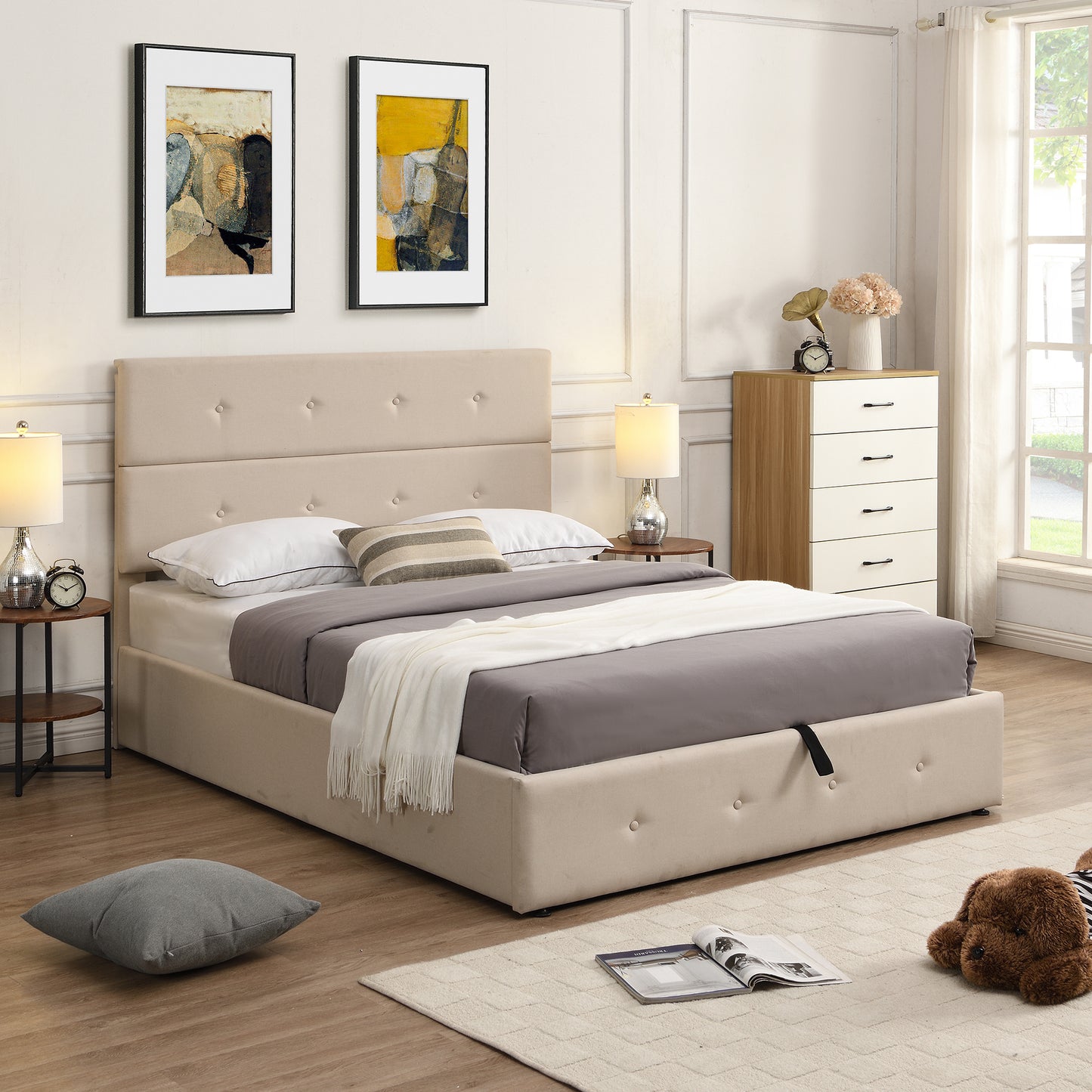 Upholstered Platform Bed with Underneath Storage,Full Size,Beige