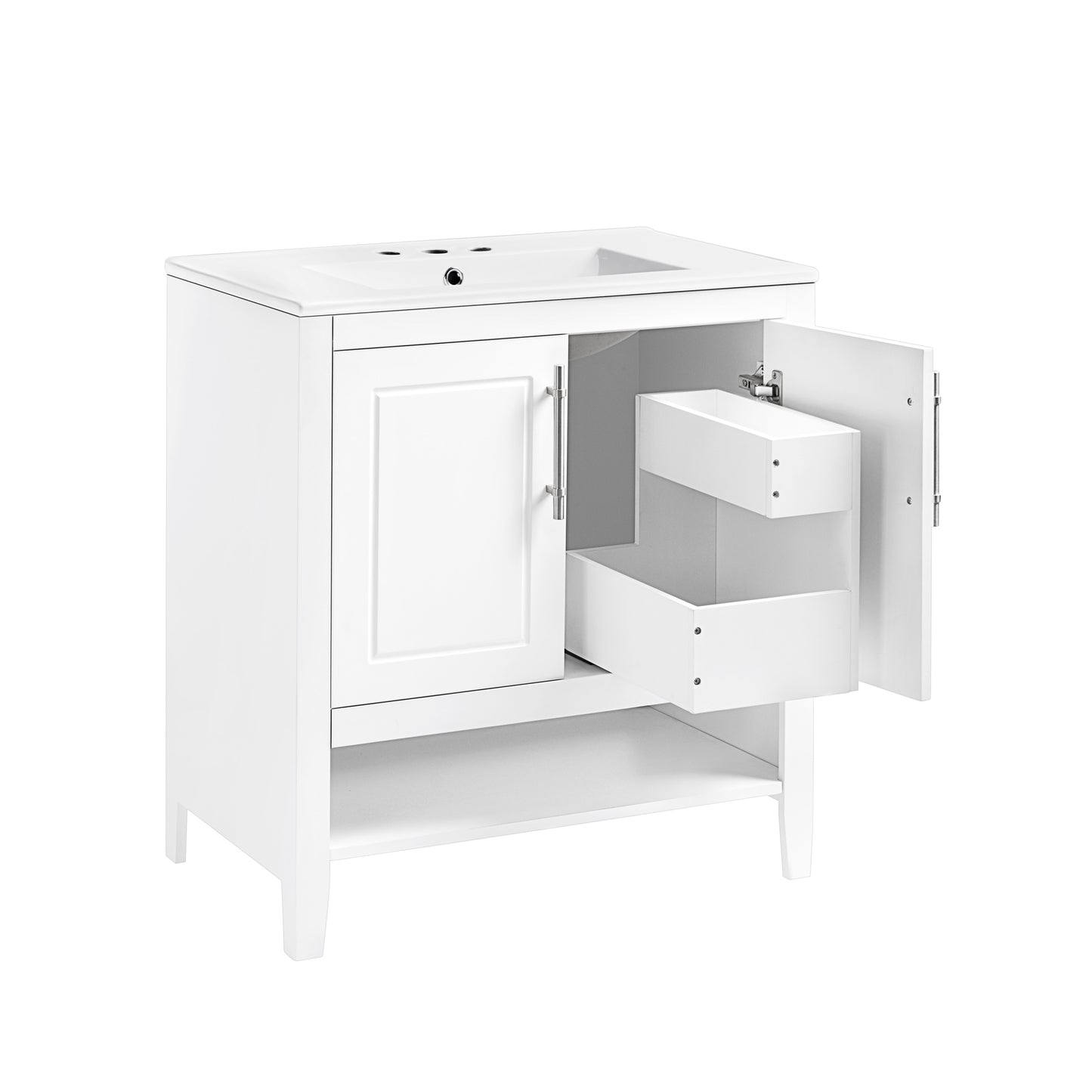 30" Bathroom Vanity with Sink, Multi-functional Bathroom Cabinet with Doors and Drawers, Solid Frame and MDF Board, White