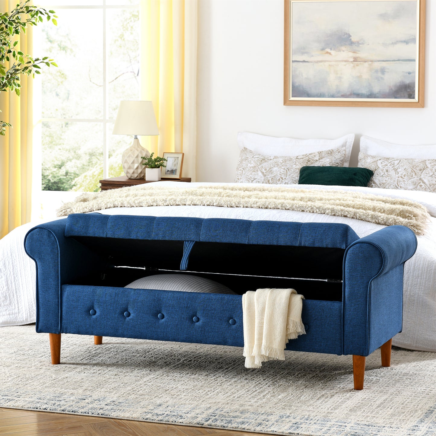 62" Bedroom Tufted Button Storage Bench, Linen Upholstered Ottoman, Window Bench, Rolled Arm Design for Bedroom, Living Room, Foyer (Blue)