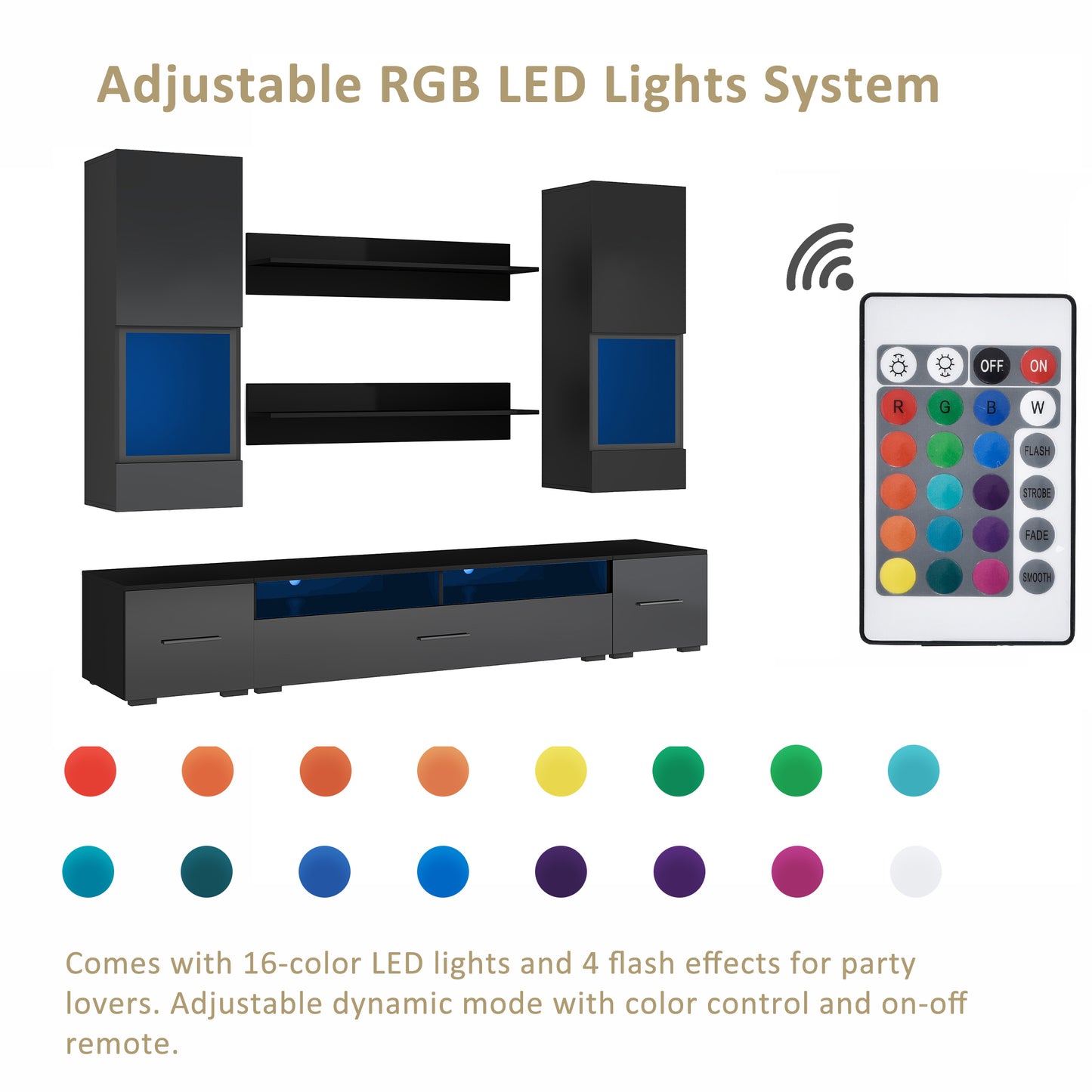 Modernized Black Floating TV Stand Set with 16-Color LED Lights for 90+ inch TV