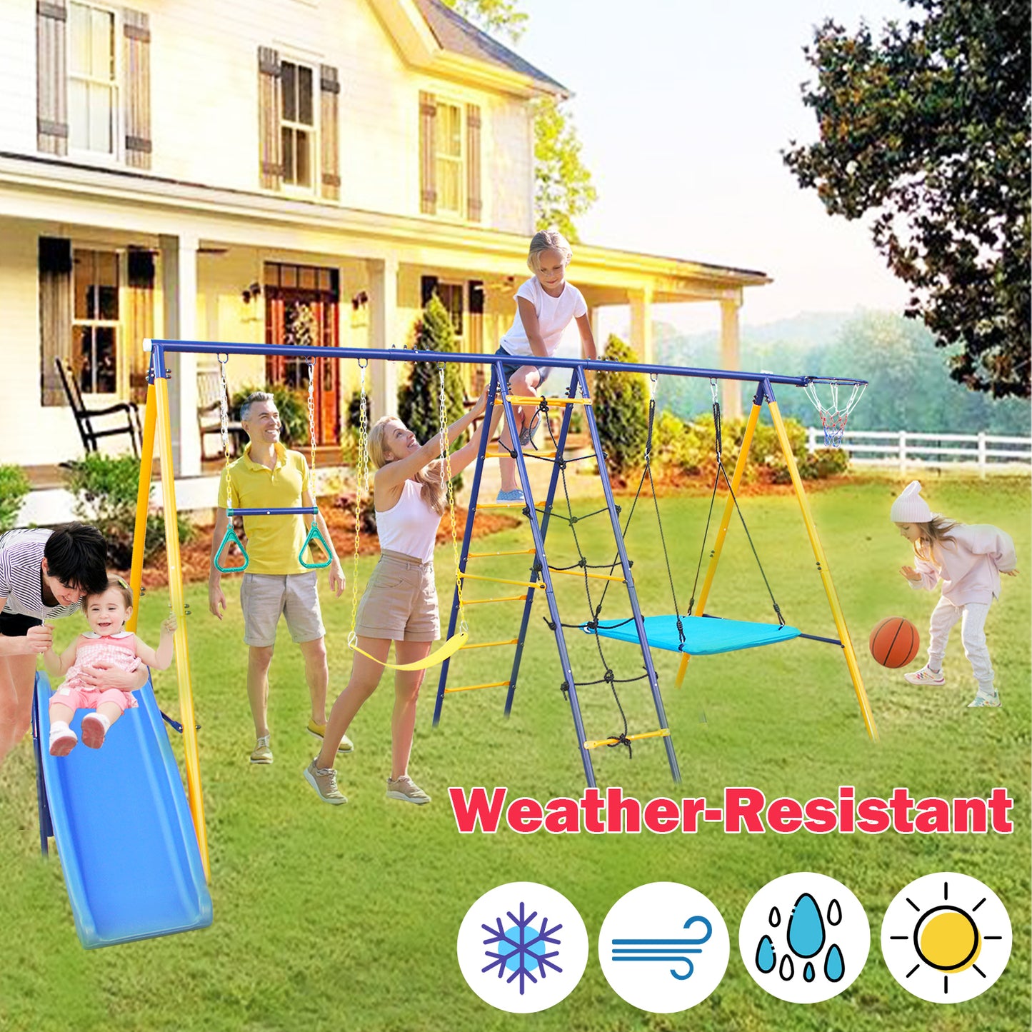 Outdoor 7 in 1 Heavy-Duty Metal Swing Set for Kids - A-Frame with Slide, 2 Swing Seats, Climbing Net, Ladder, Gym Ring, Basket