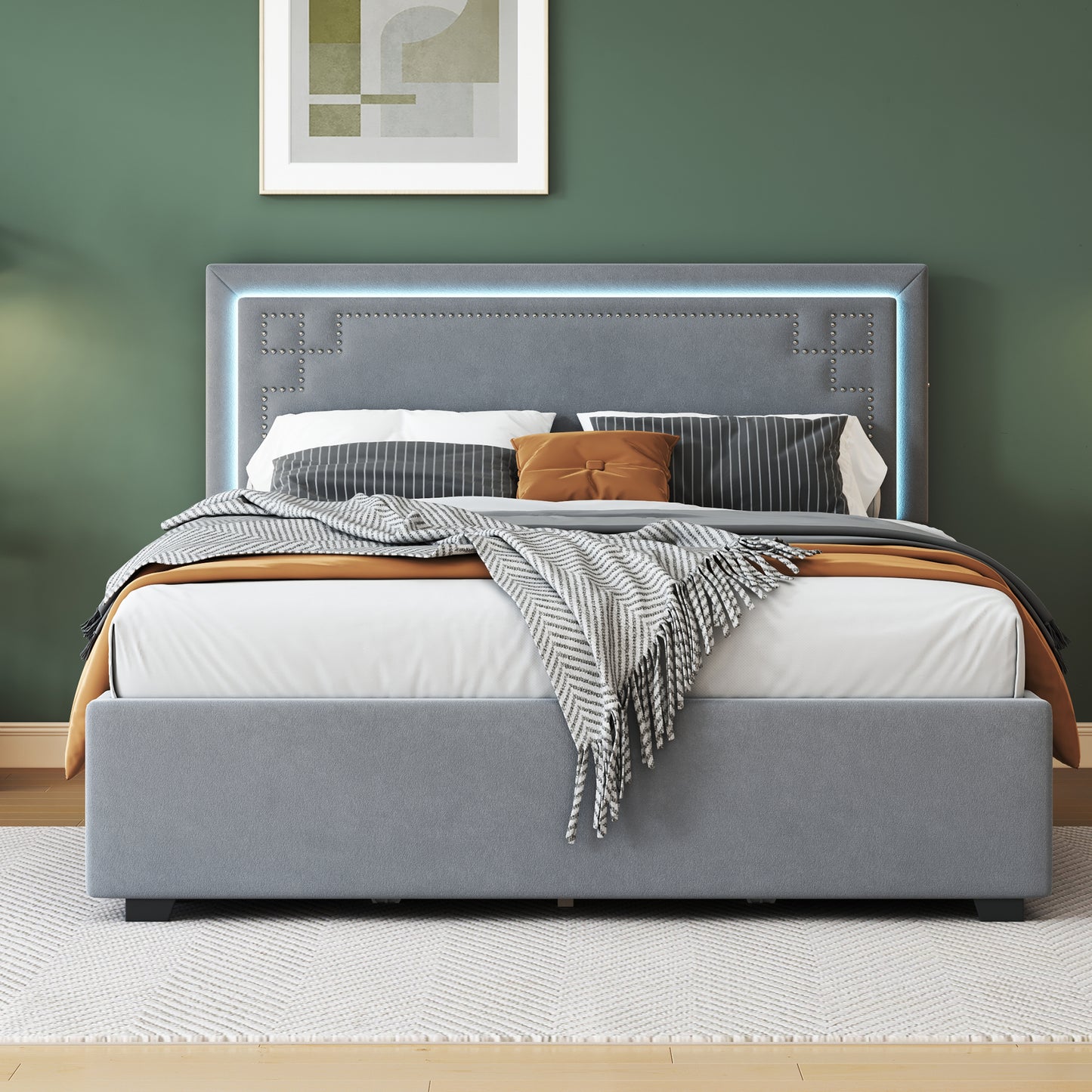 Queen Size Upholstered Platform Bed with Rivet-decorated Headboard, LED bed frame and 4 Drawers, Gray