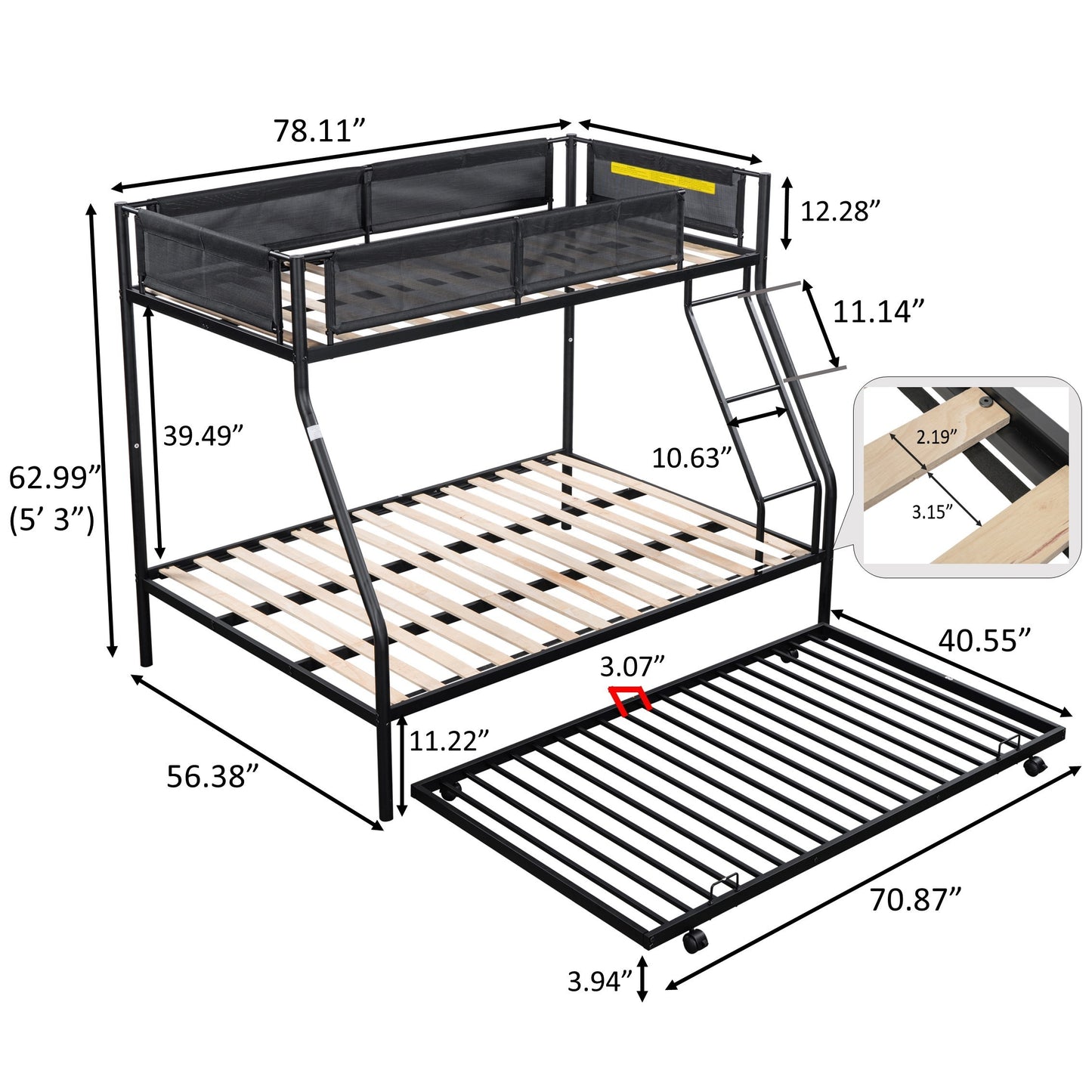 Triple Sleeper Metal Bunk Bed Set with Trundle - Durable Frame, Silent Slats, Secure Guardrail, Efficient Space-Saving Solution