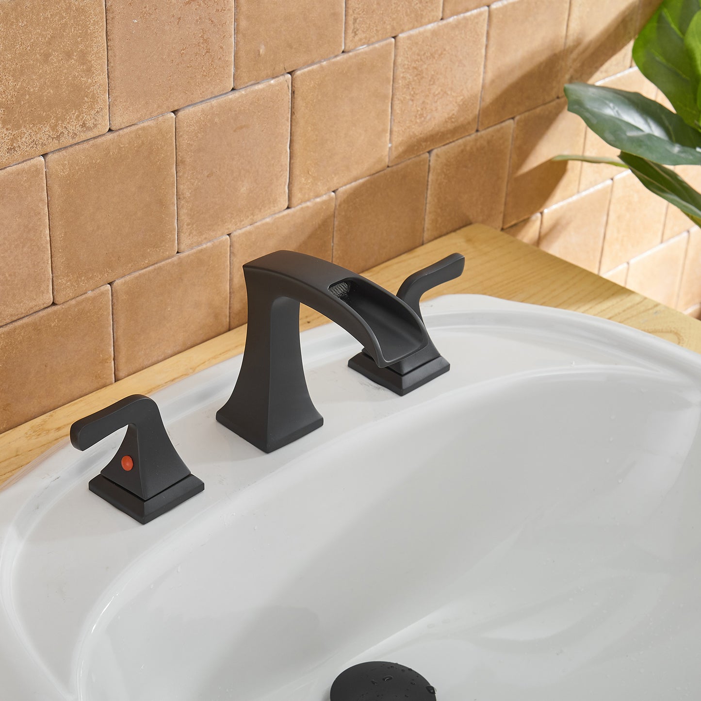 Matte Black Waterfall Bathroom Sink Faucet with 2 Handles and 8 in. Width