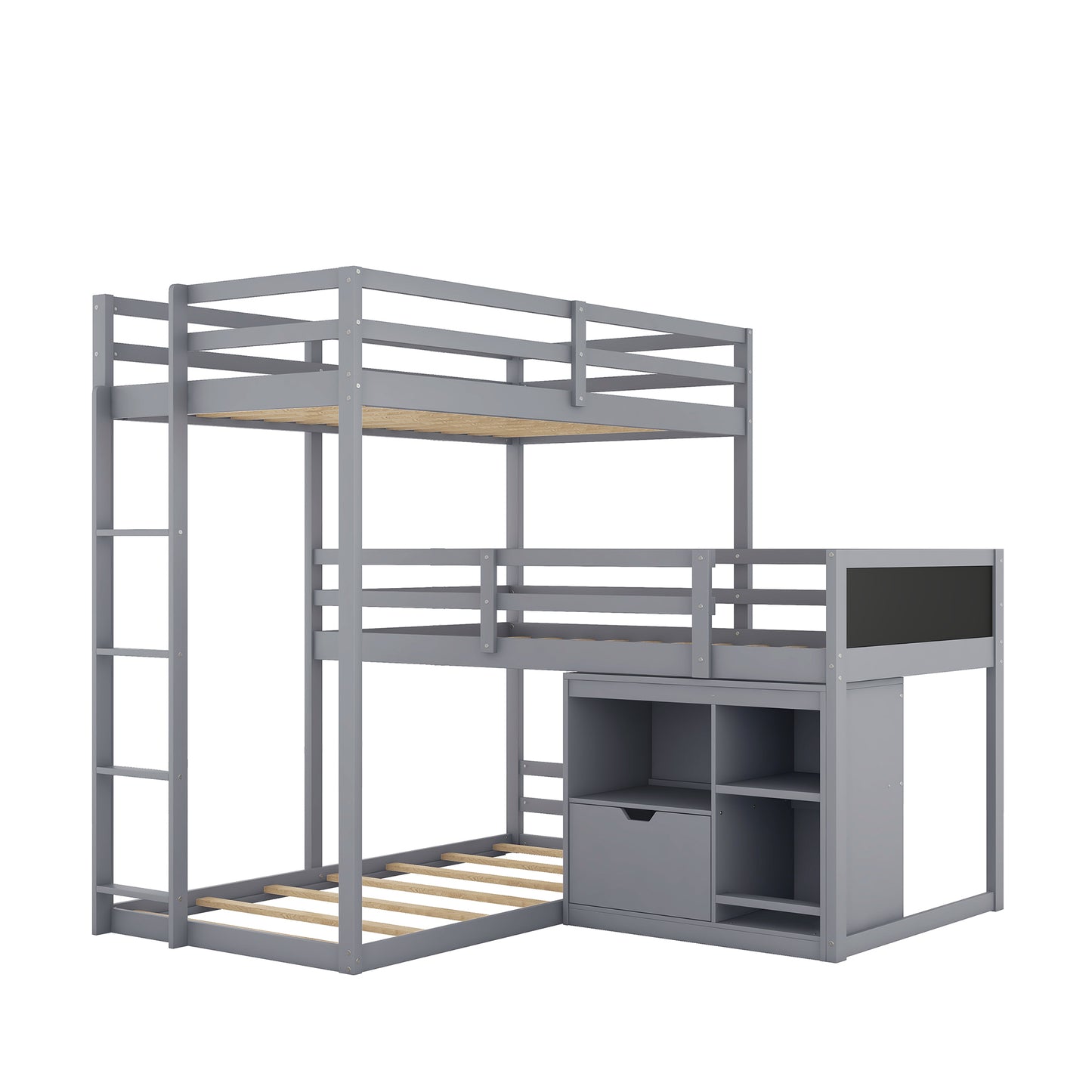 Gray L-shaped Triple Bunk Bed with Storage and Blackboard