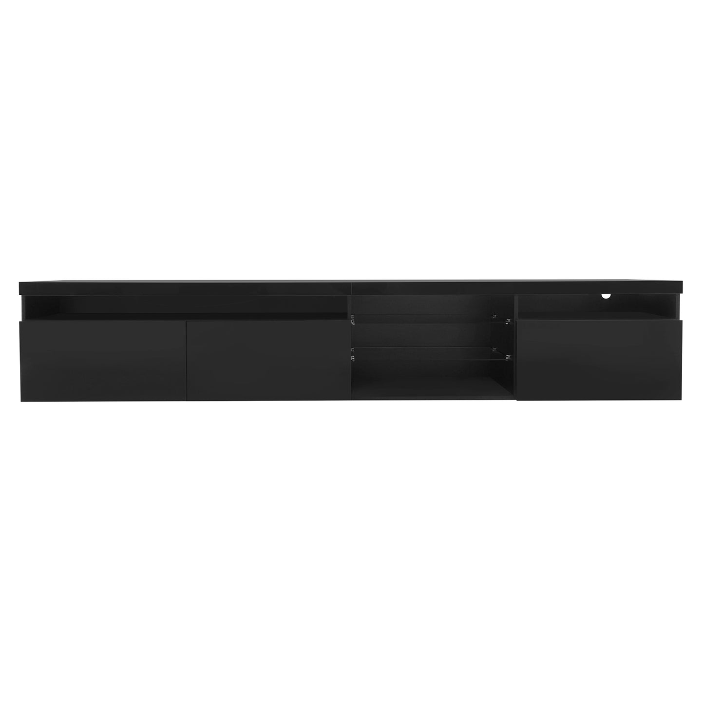 Contemporary Black LED TV Stand with Glass Shelves and Ample Storage Space