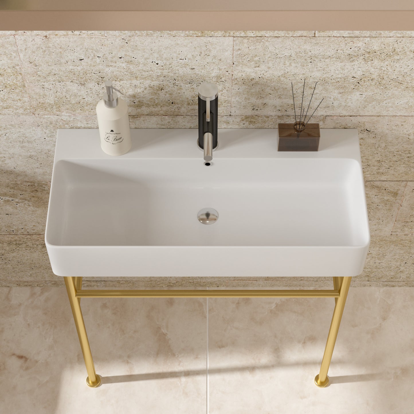 35" Bathroom Console Sink with Overflow,Ceramic Console Sink White Basin Gold Legs