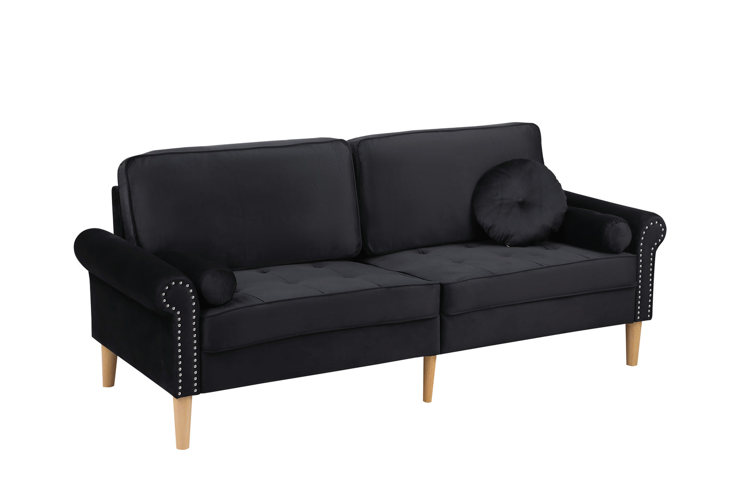 Living Room Sofa,3-Seater Sofa , with  Copper Nail on Arms ,Three Pillow,Black