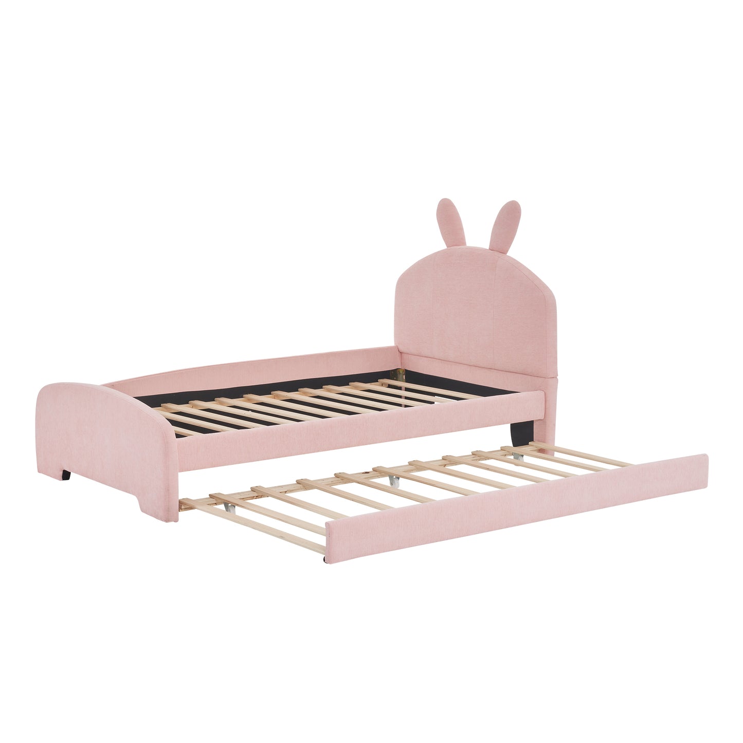 Twin Size Upholstered Platform Bed with Cartoon Ears Shaped Headboard and Trundle, Pink