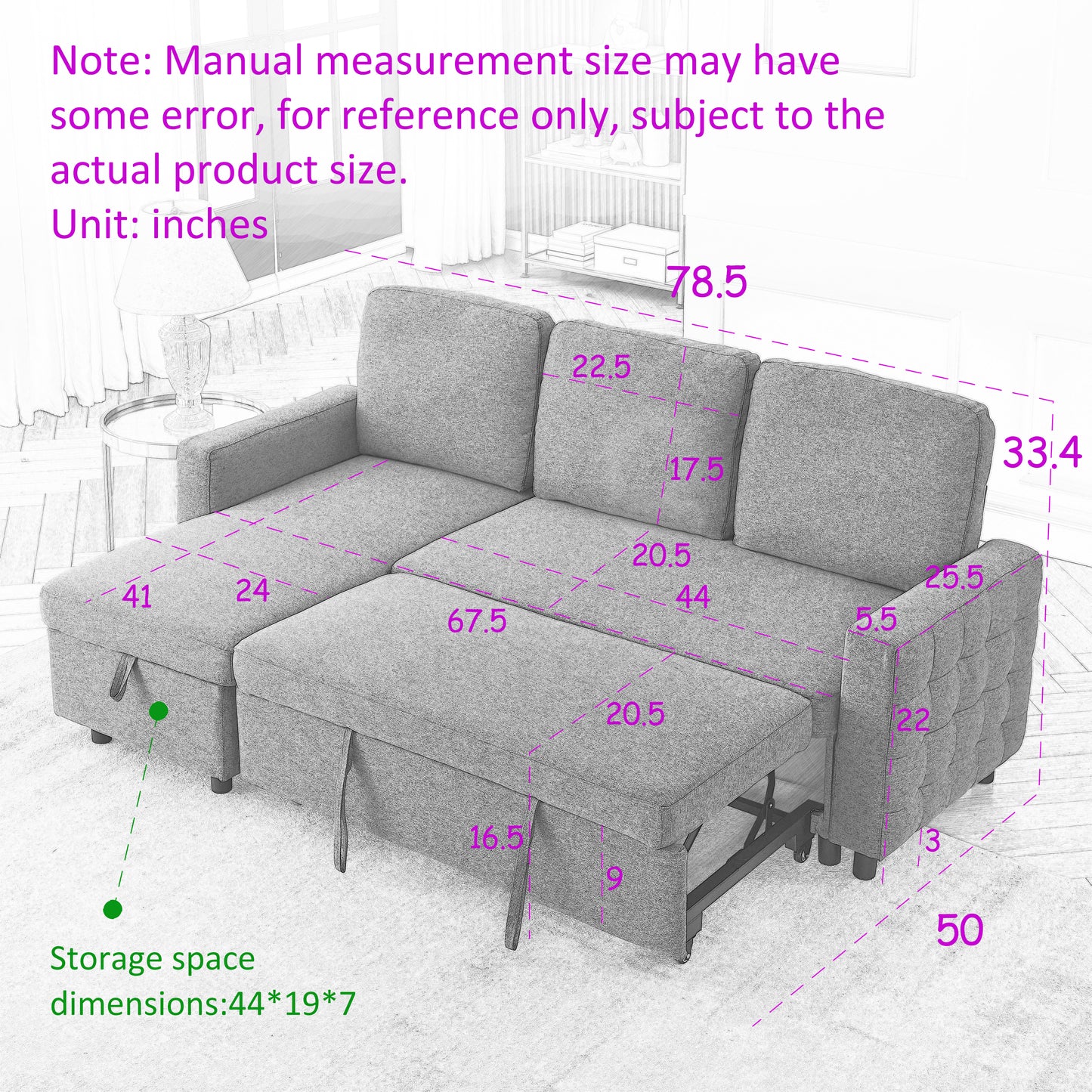 FX 78.8" Reversible Sleeper Combo Sofa with Pullout Bed, Comfortable Linen L-Shaped Combo Sofa Sofa Bed, Living Room Furniture Sets for Tight Spaces