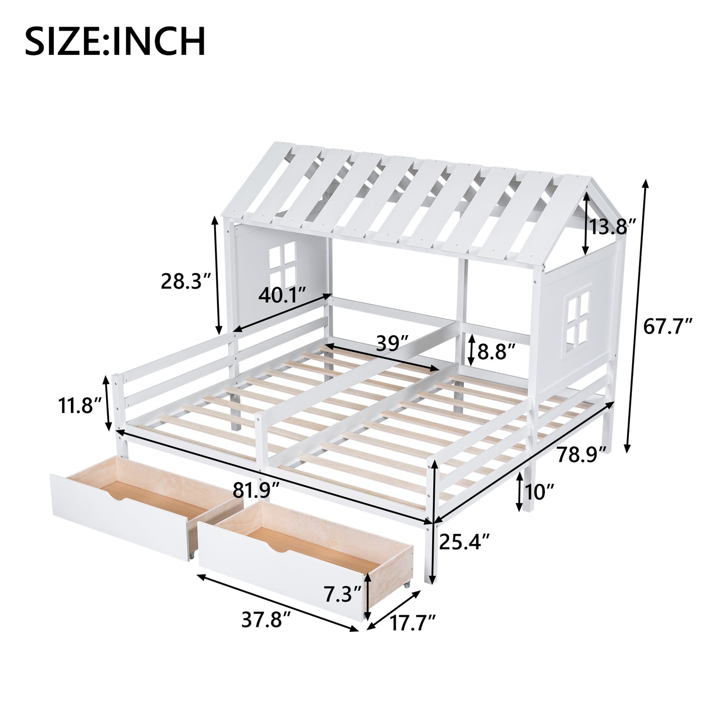 Twin Size House Platform Beds with Two Drawers for Boy and Girl Shared Beds, Combination of 2 Side by Side Twin Size Beds, White(: GX000927AAK)