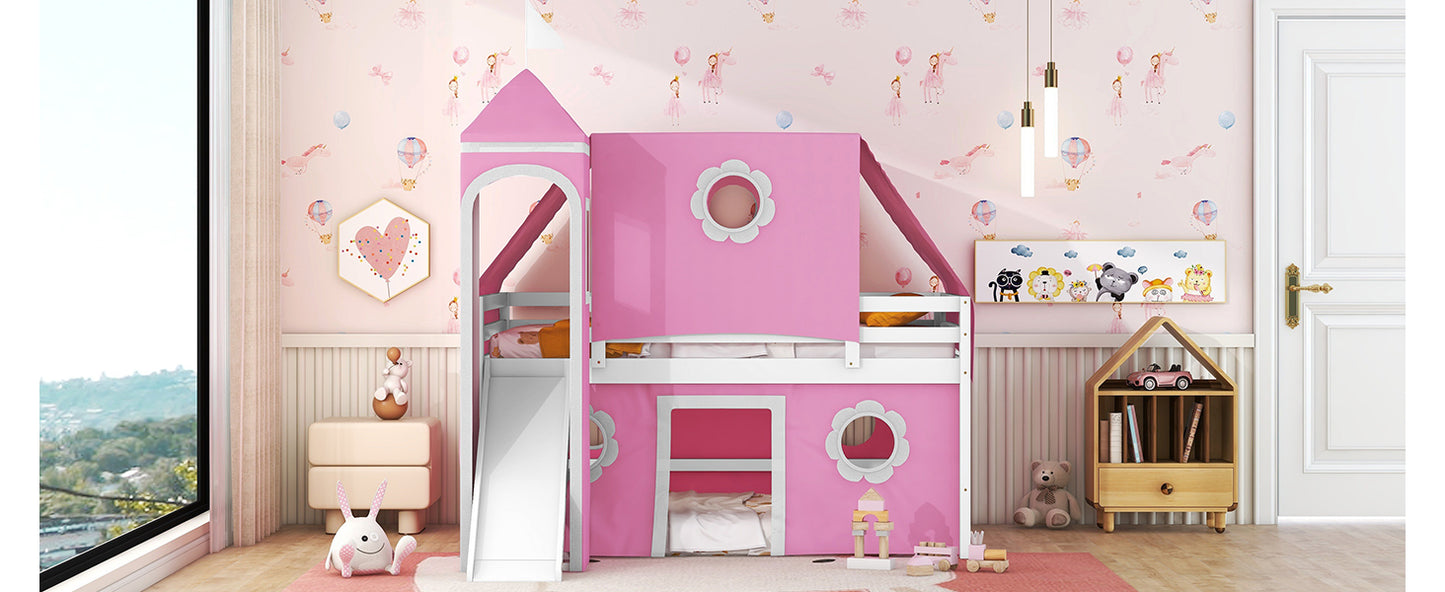 Pink Castle Loft Full Size Bunk Bed with Slide, Tent, and Tower - Enchanting Pink Castle Loft Bed with Slide, Tent, and Tower