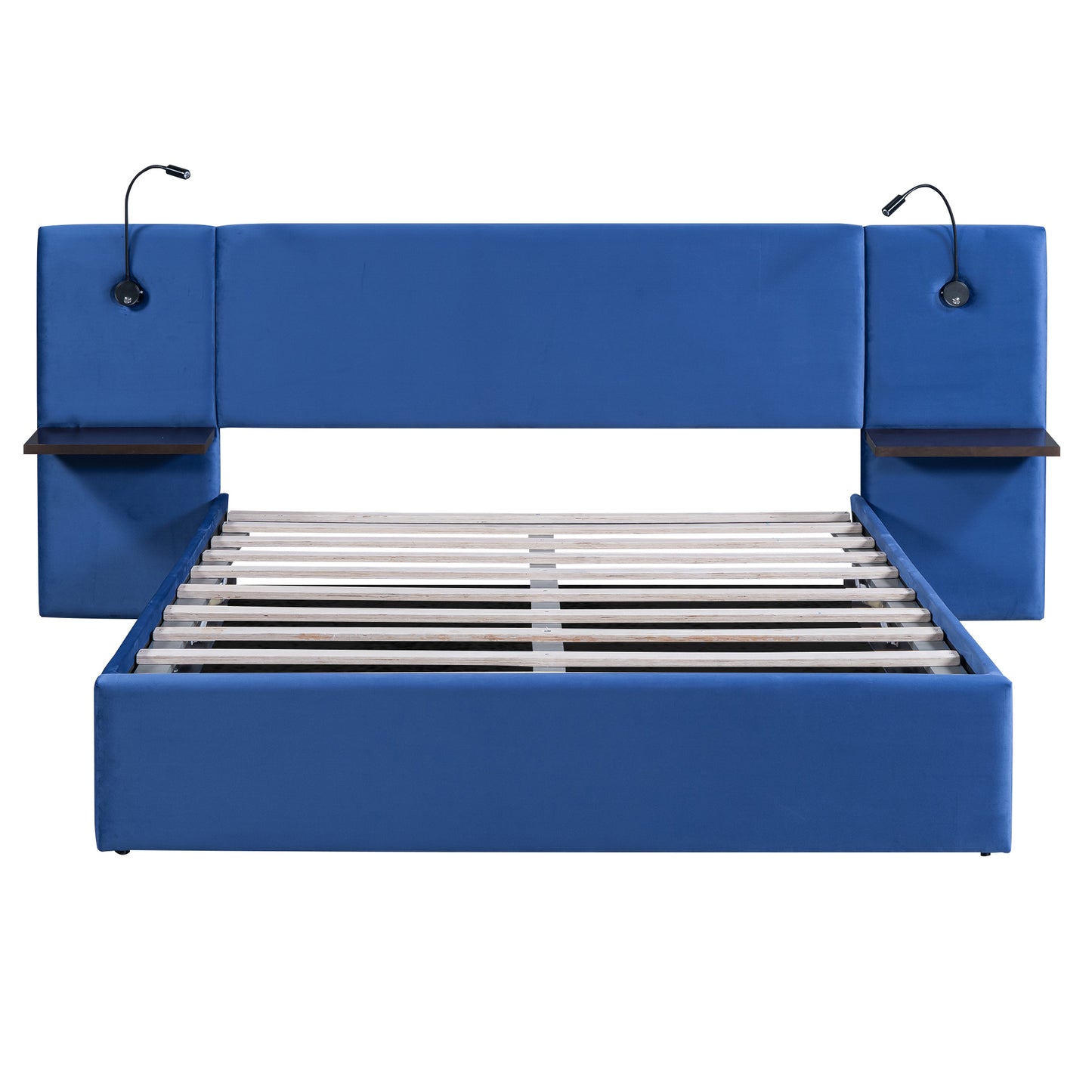 Queen Size Storage Upholstered Hydraulic Platform Bed with 2 Shelves, 2 Lights and USB, Blue