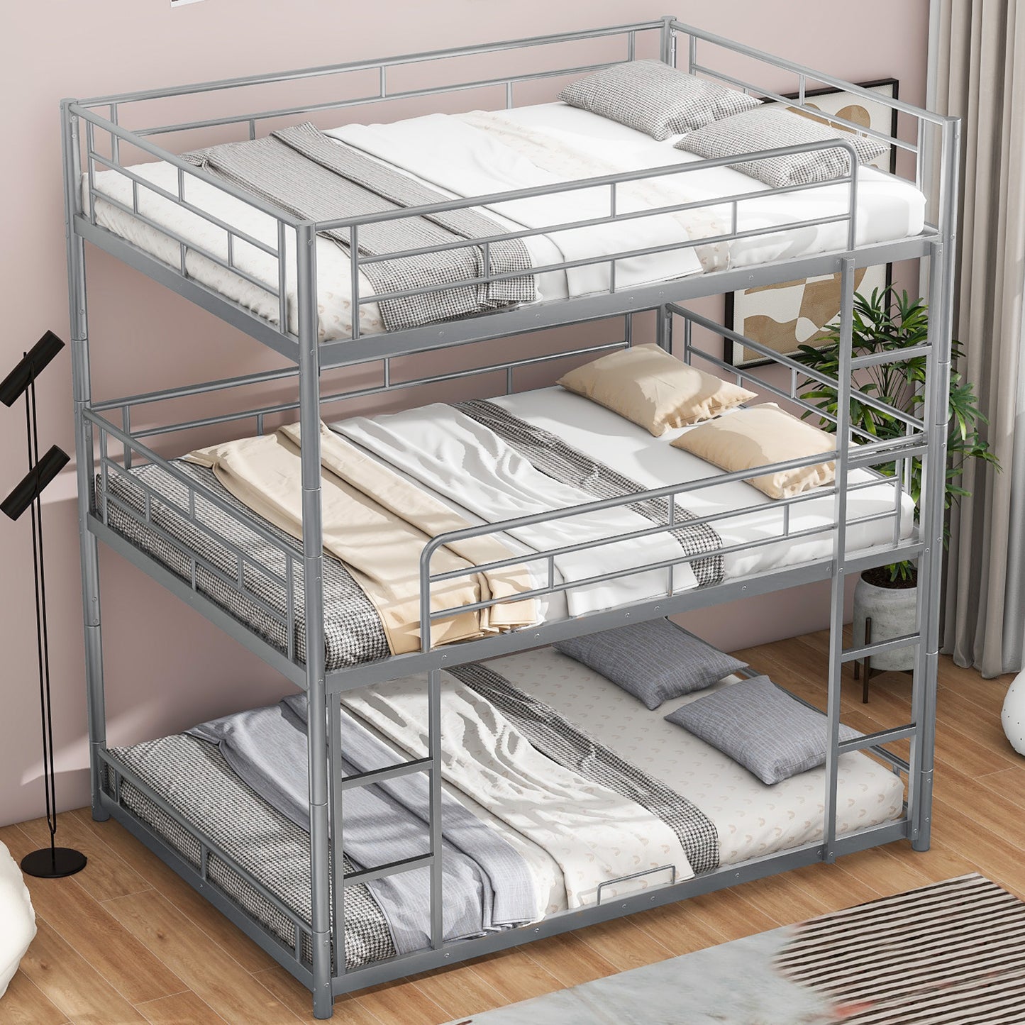 Silver Metal Triple Bunk Bed for Full Size