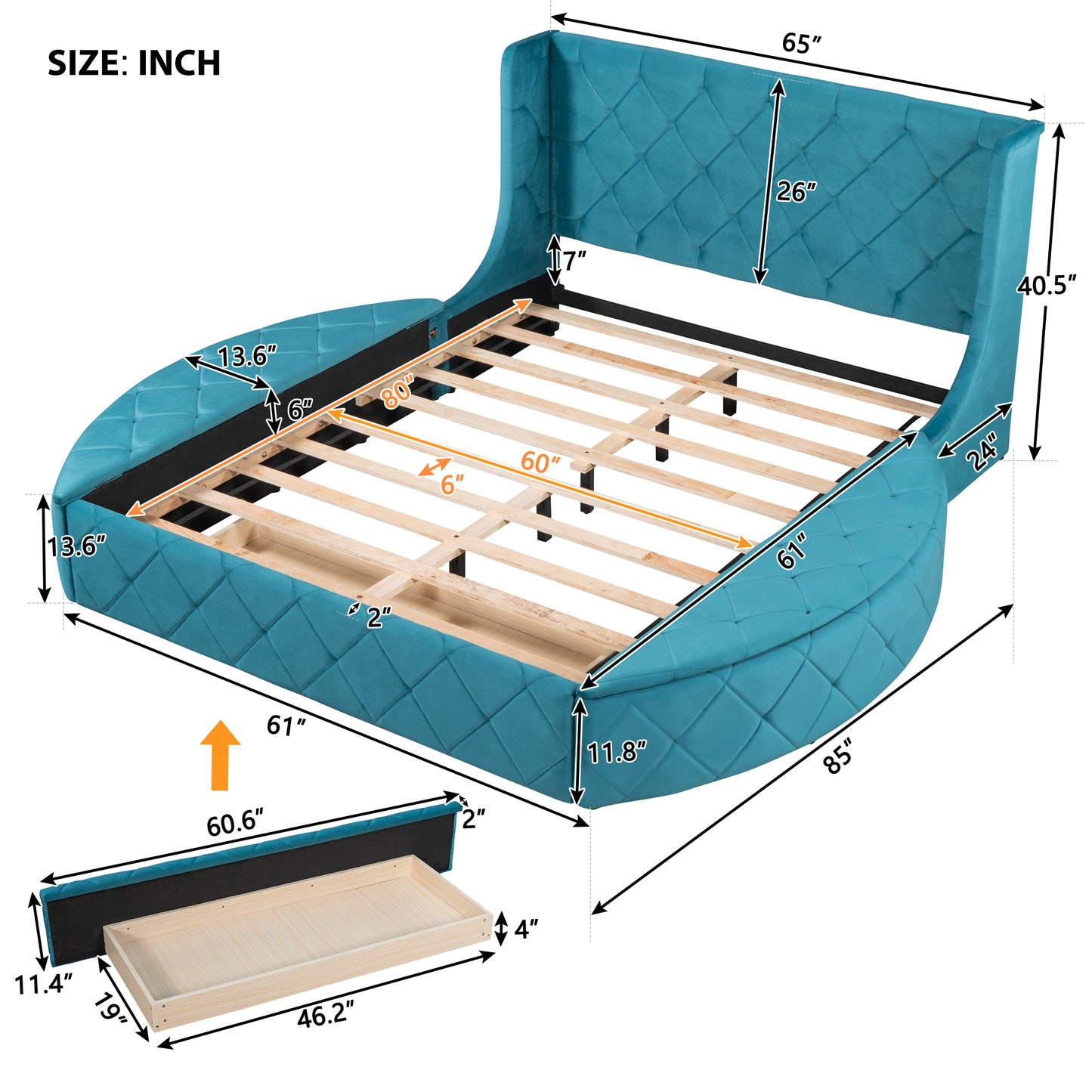 Upholstered Platform Bed Queen Size Storage Velvet Bed with Wingback Headboard and 1 Big Drawer,2 Side Storage Stool(Blue)